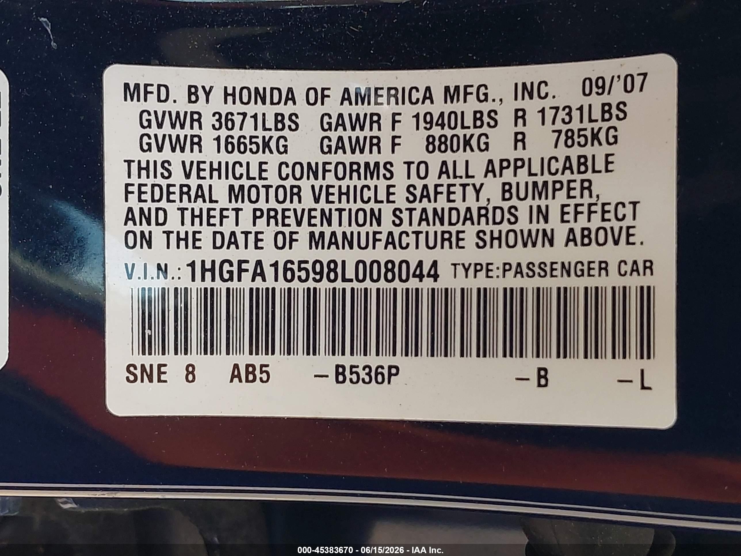 2008 Honda Civic Lx Blue vin: 1HGFA16598L008044