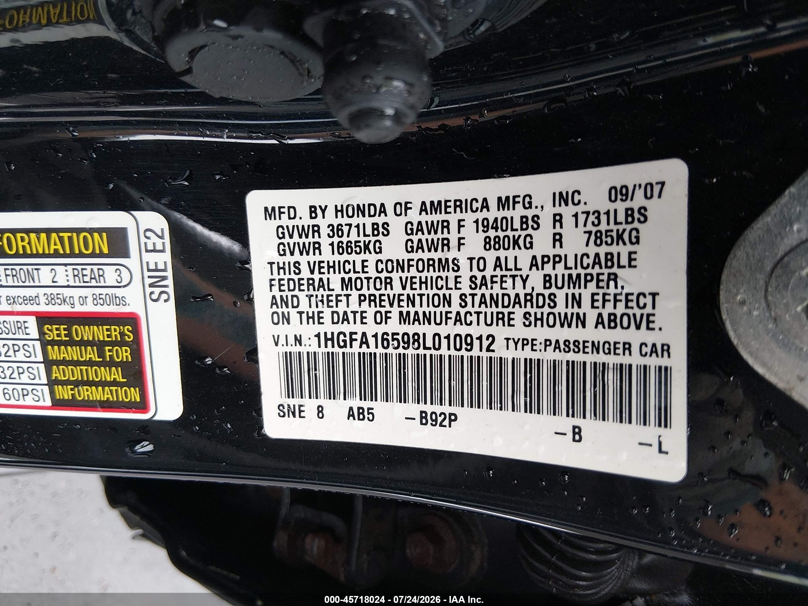 2008 Honda Civic Lx Black vin: 1HGFA16598L010912