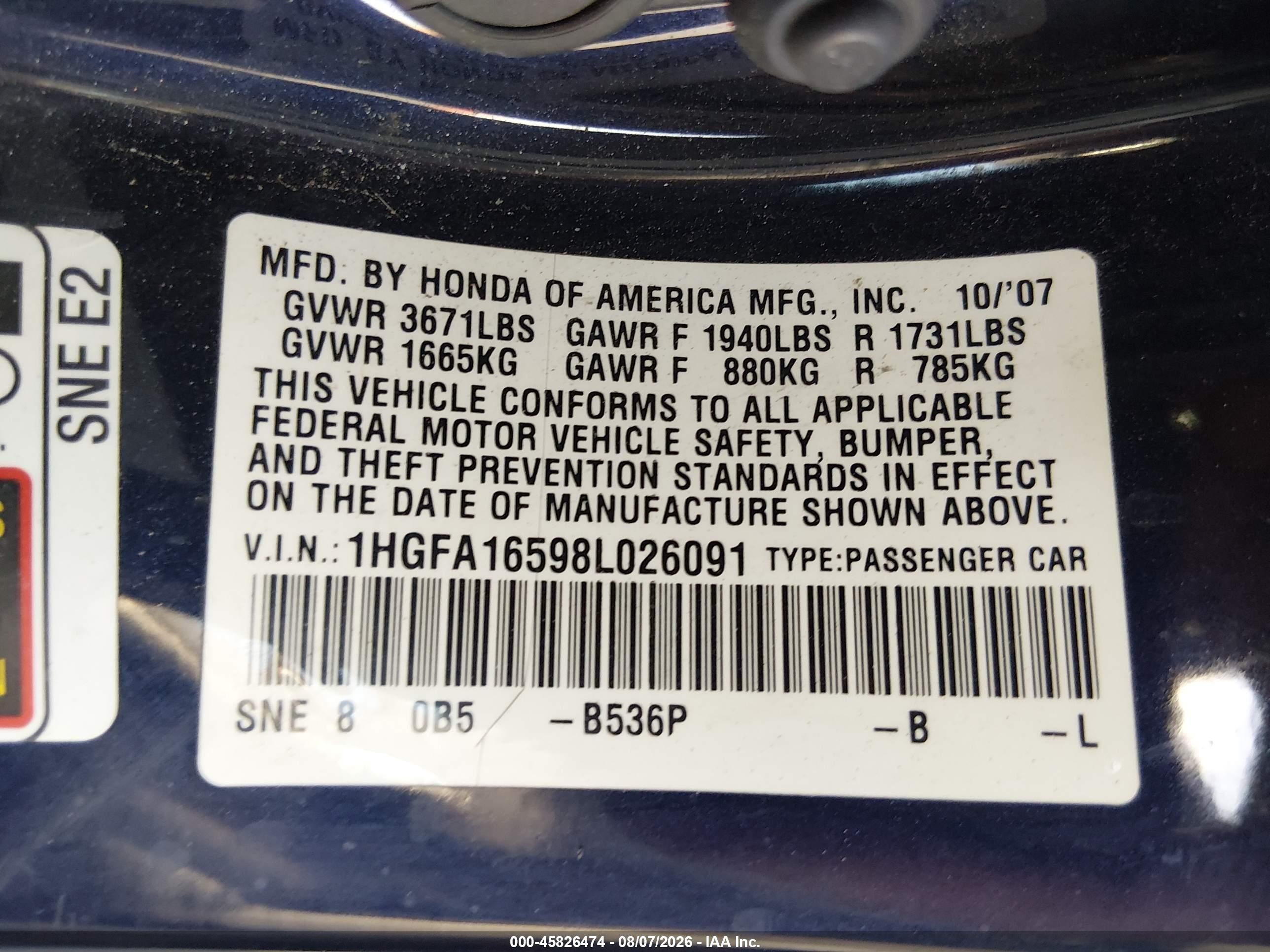 2008 Honda Civic Lx Blue vin: 1HGFA16598L026091
