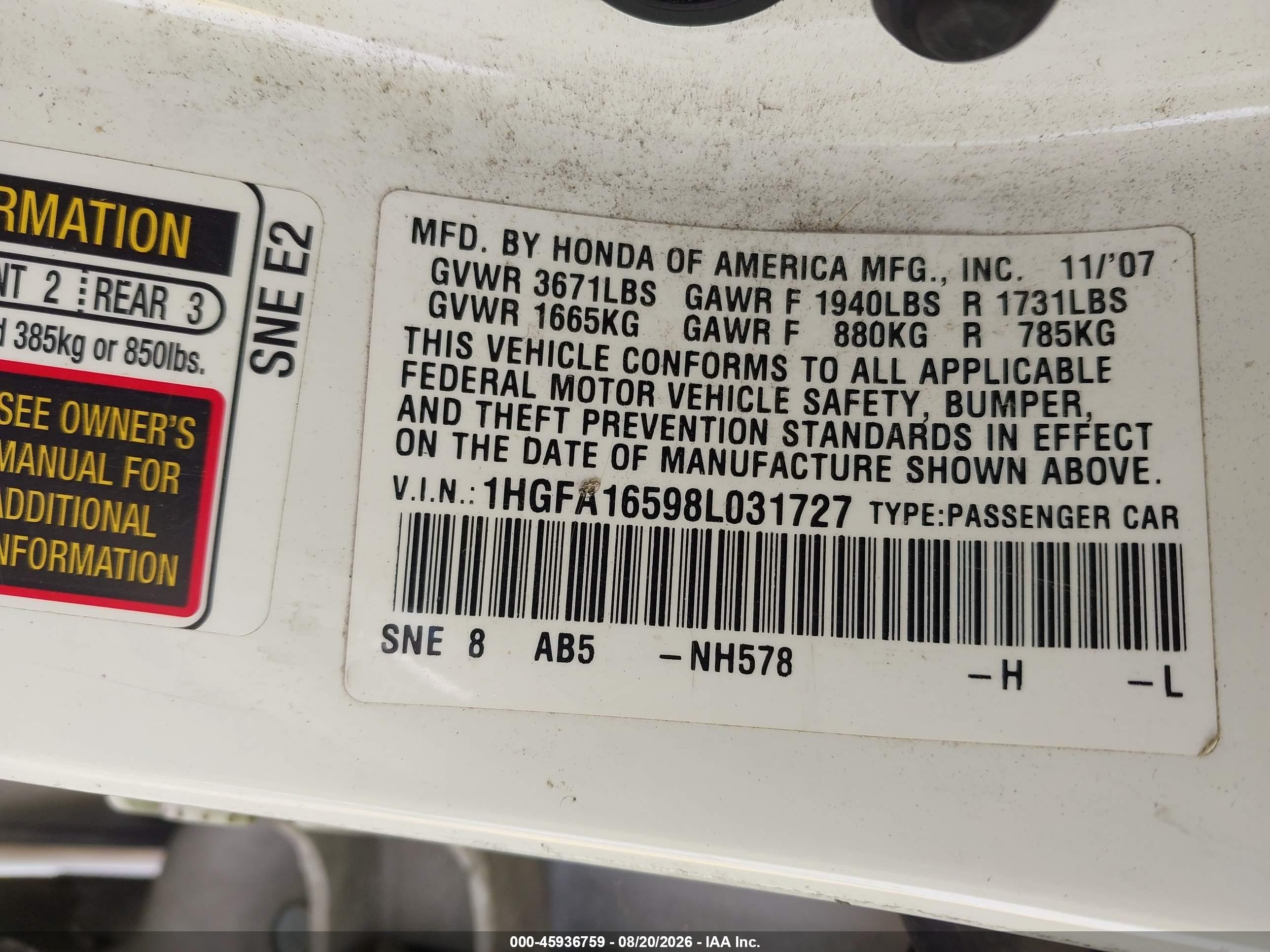 2008 Honda Civic Lx White vin: 1HGFA16598L031727