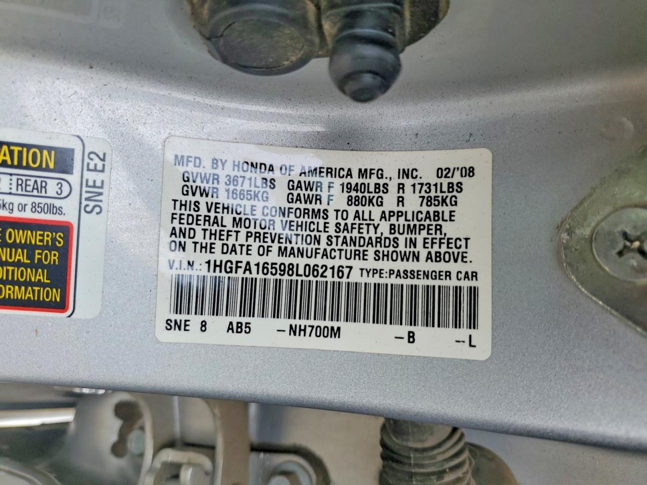 2008 Honda Civic Lx Silver vin: 1HGFA16598L062167