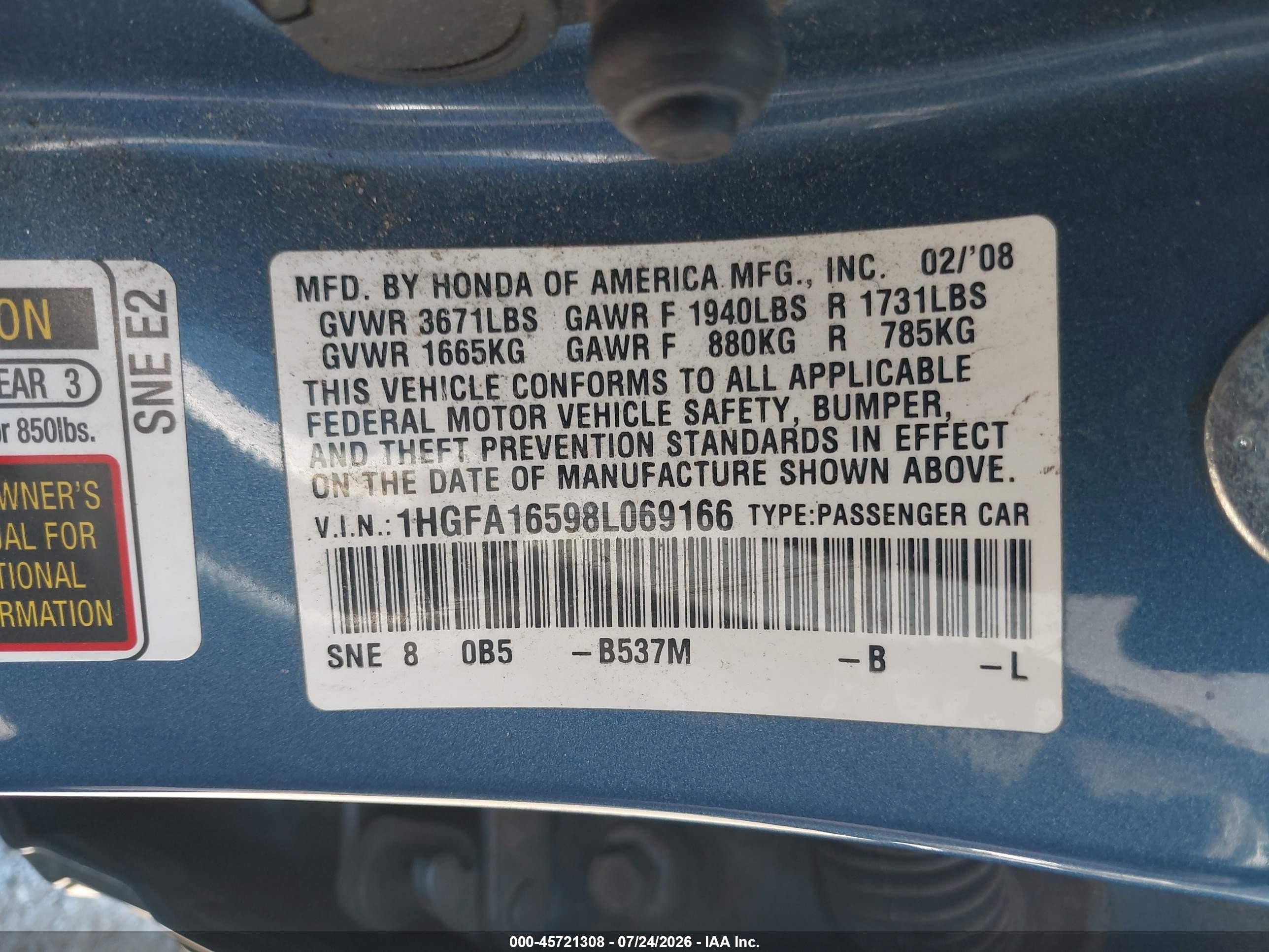 2008 Honda Civic Lx Синий vin: 1HGFA16598L069166