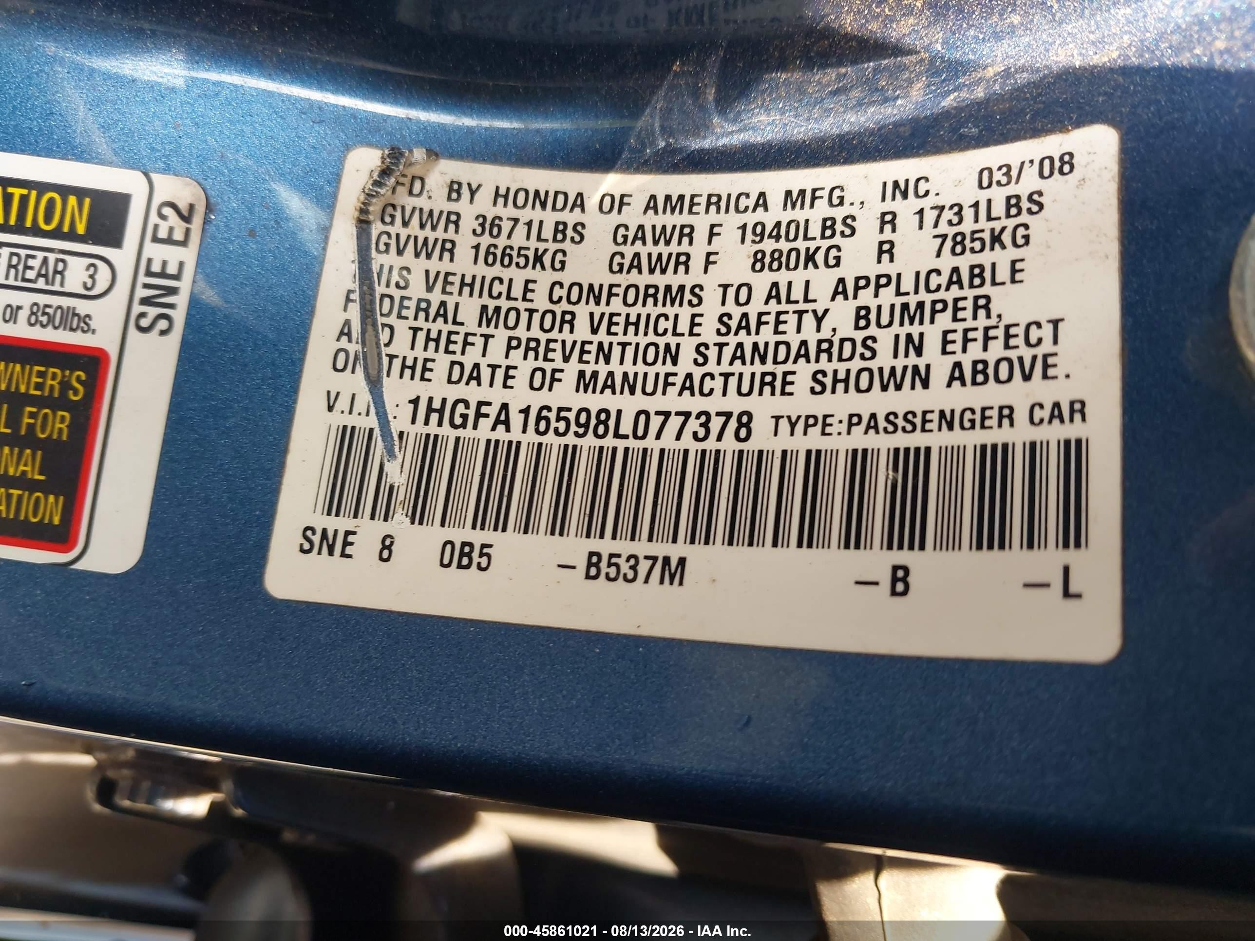 2008 Honda Civic Lx Blue vin: 1HGFA16598L077378