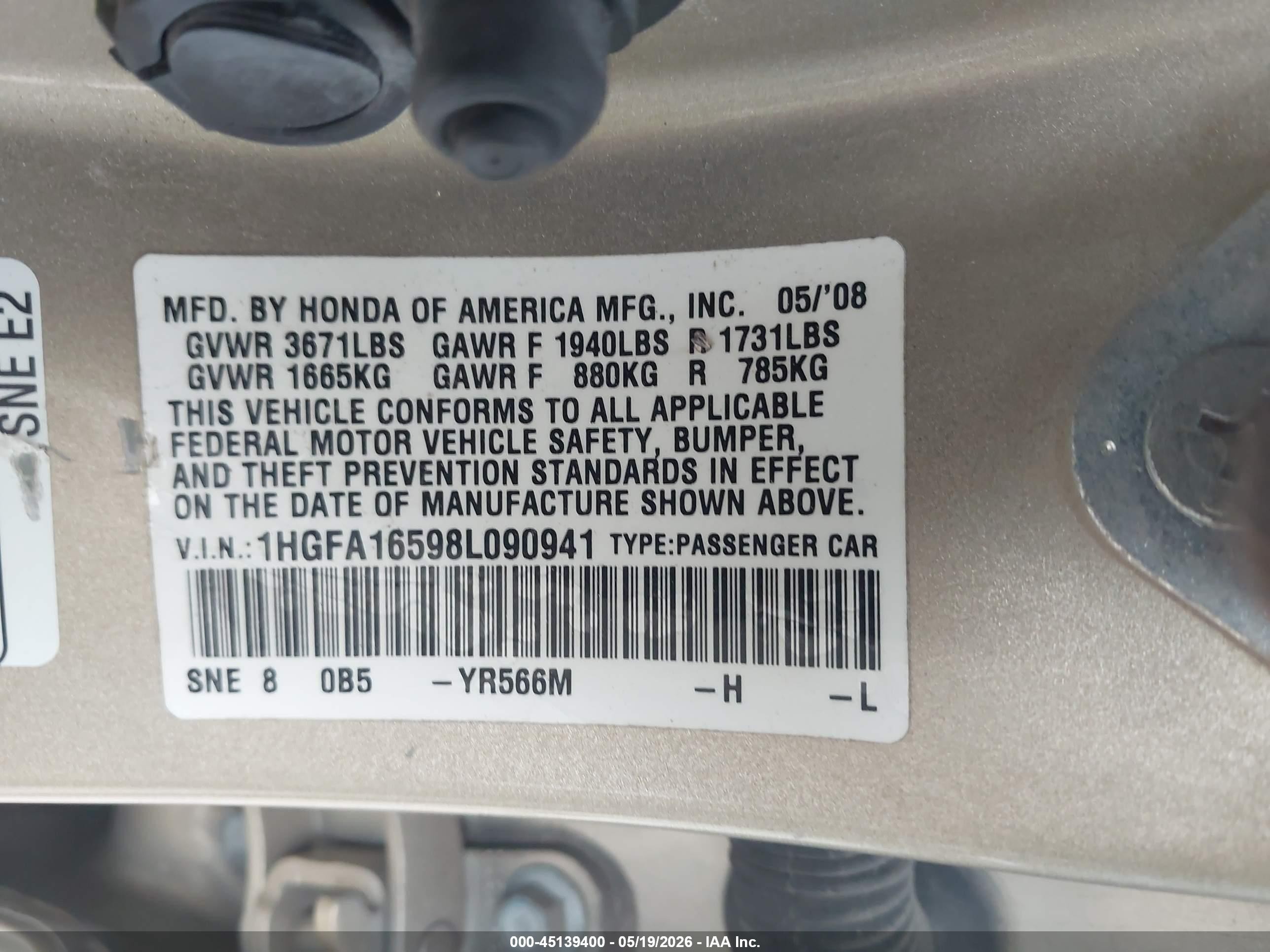 2008 Honda Civic Lx Gold vin: 1HGFA16598L090941