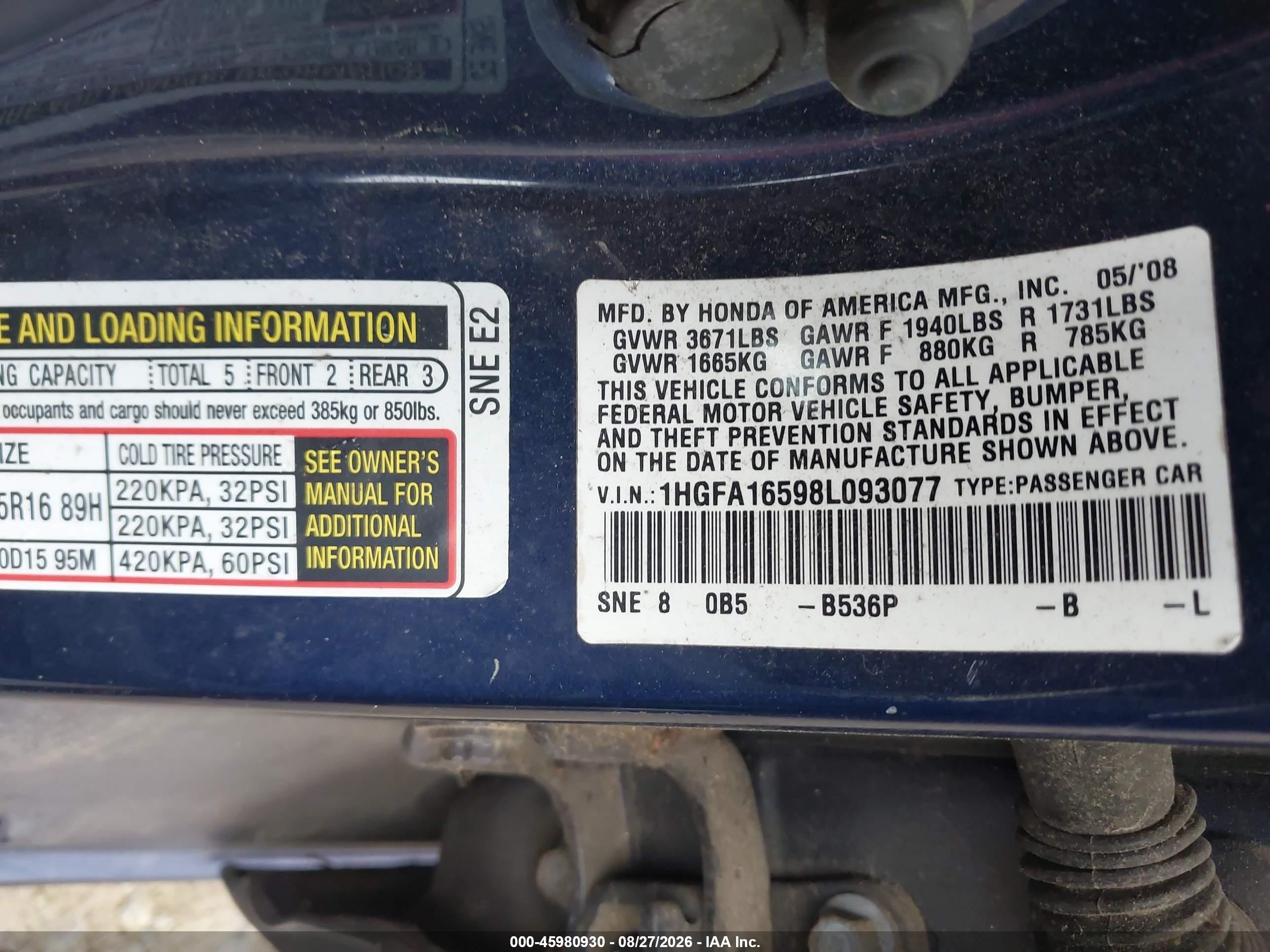 2008 Honda Civic Lx Dark Blue vin: 1HGFA16598L093077