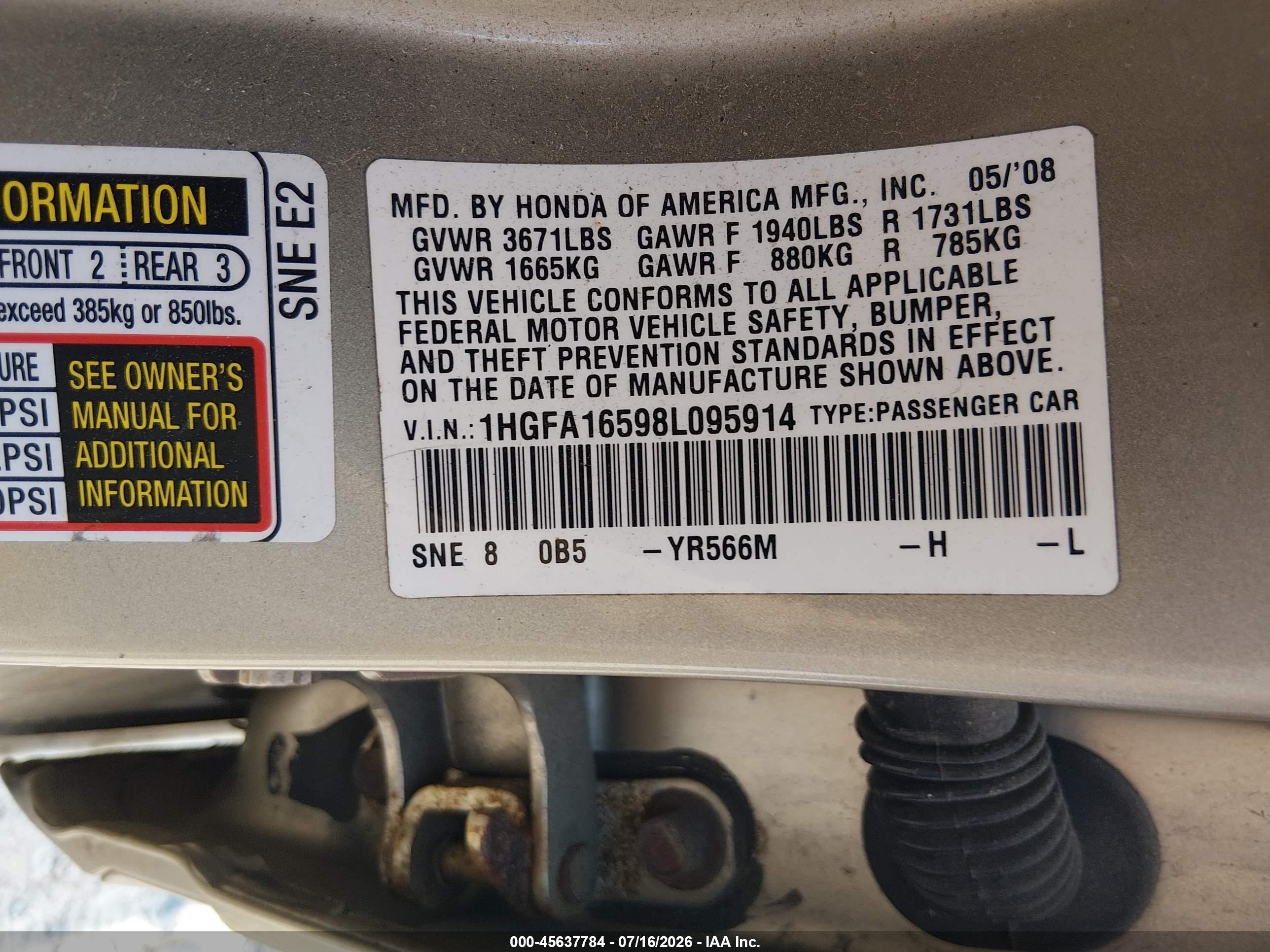 2008 Honda Civic Lx Gold vin: 1HGFA16598L095914