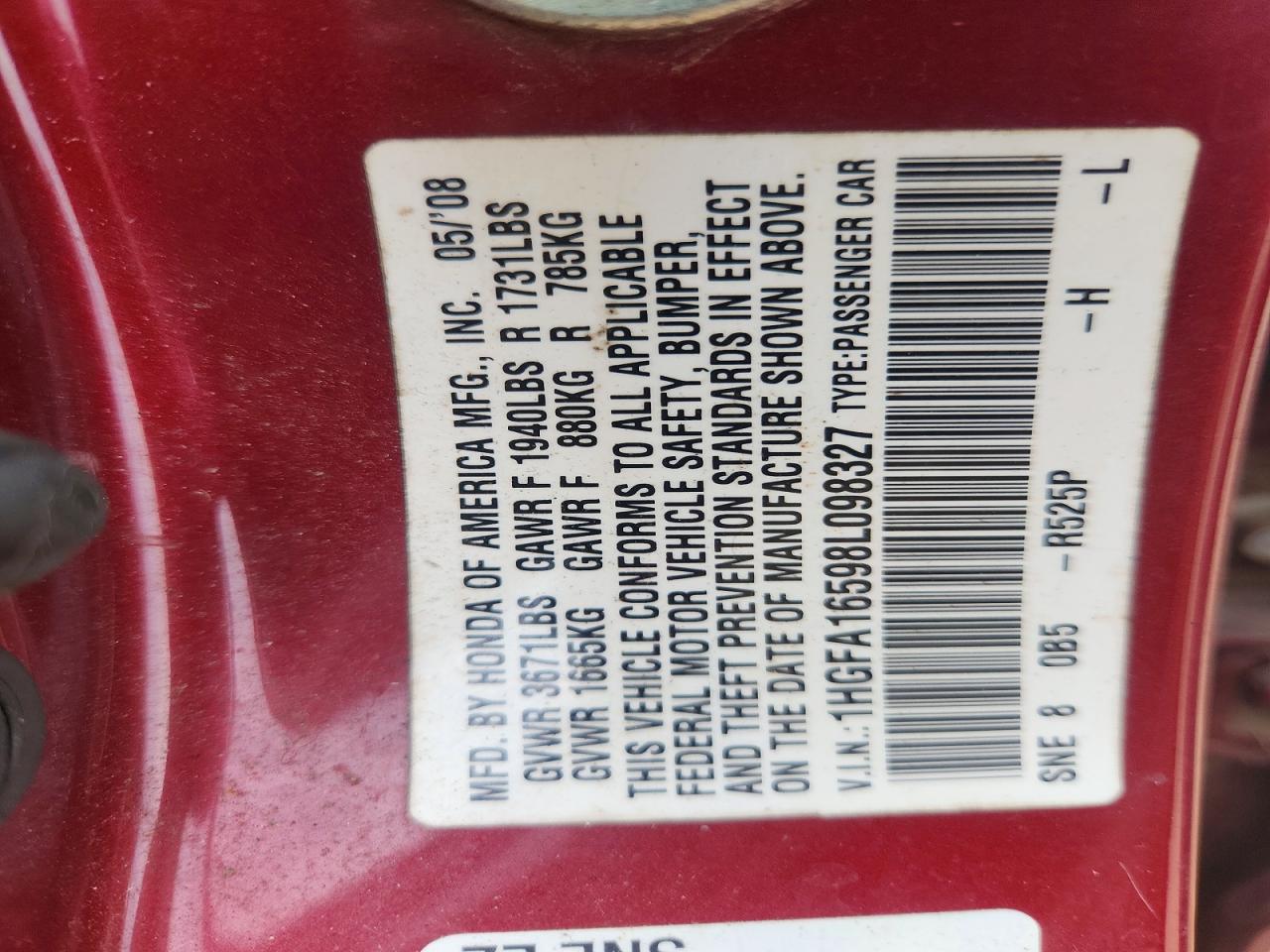2008 Honda Civic Lx Burgundy vin: 1HGFA16598L098327