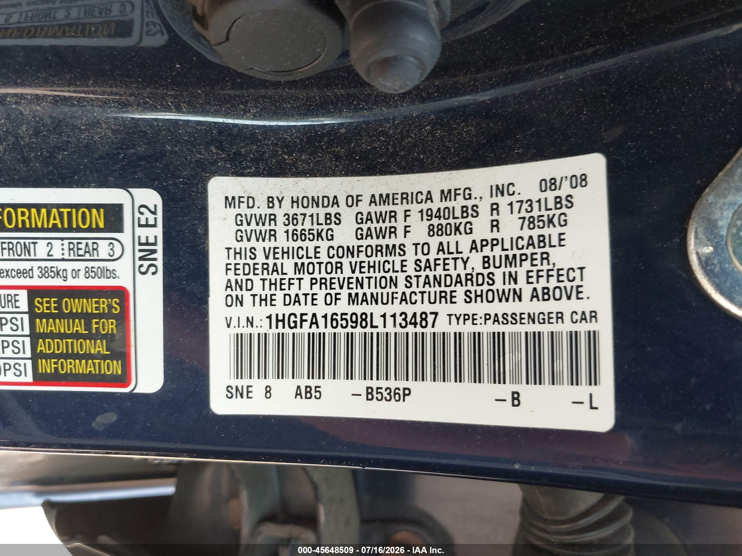 2008 Honda Civic Lx Blue vin: 1HGFA16598L113487