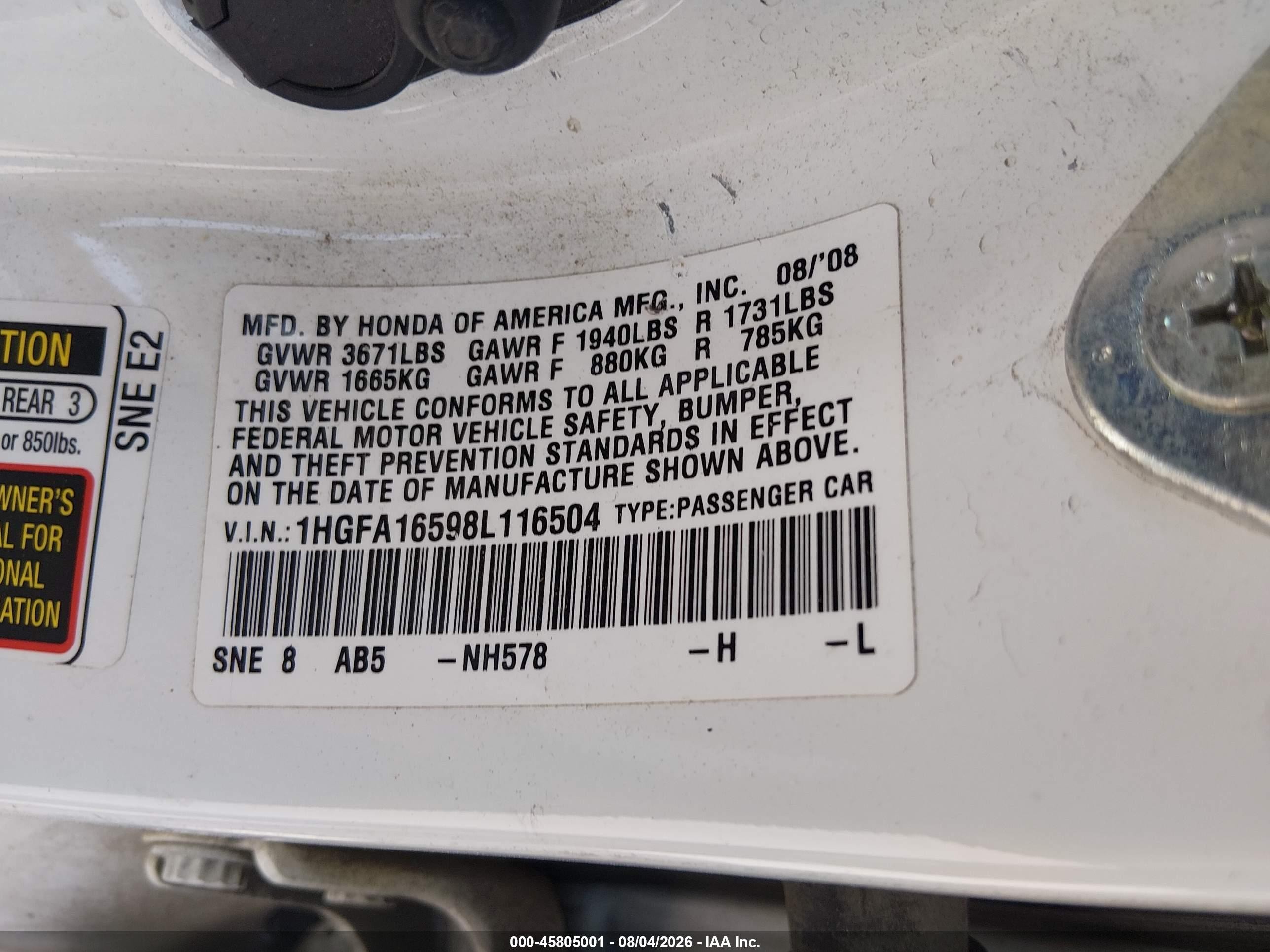 2008 Honda Civic Lx White vin: 1HGFA16598L116504