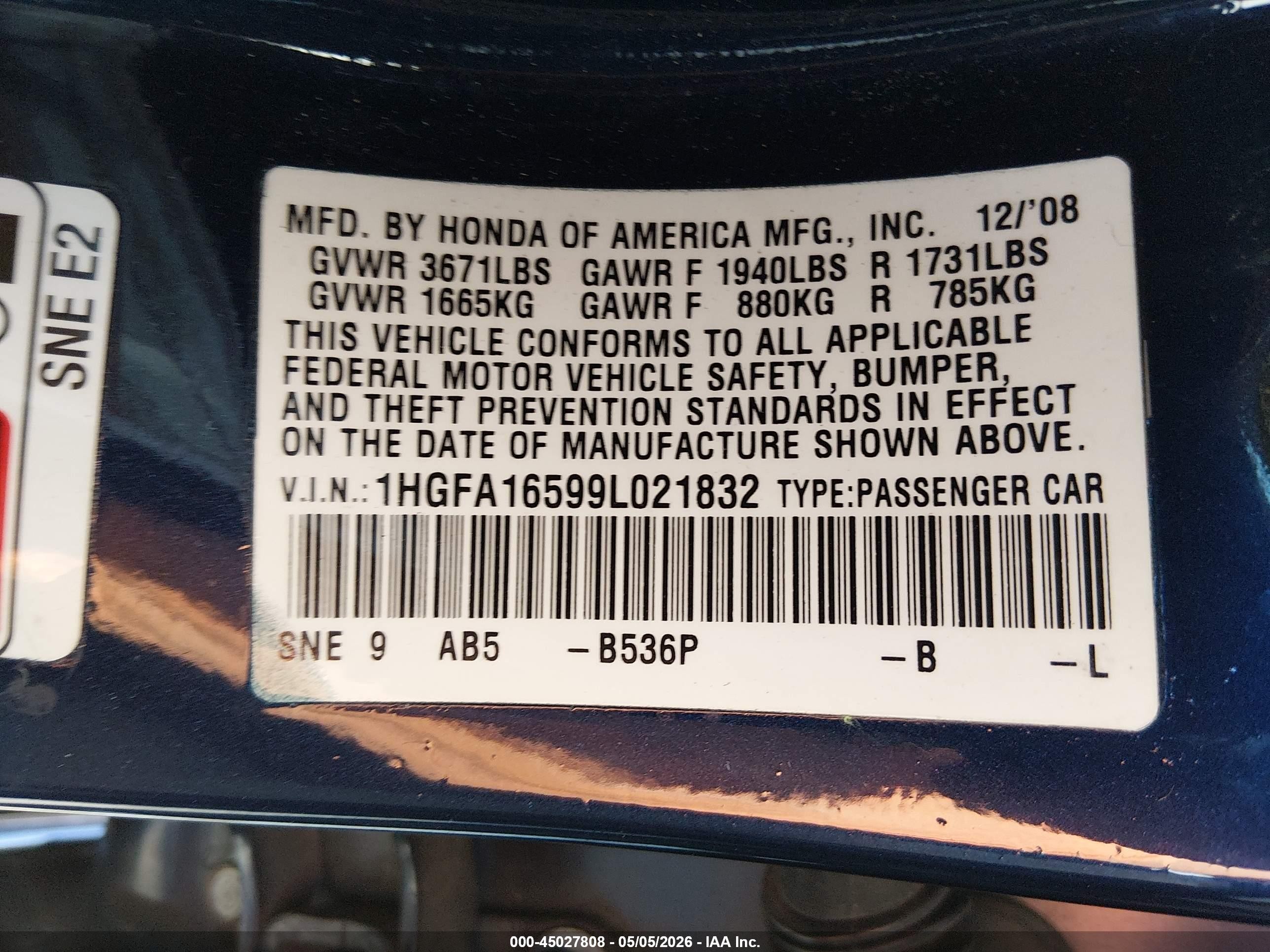 2009 Honda Civic Lx Blue vin: 1HGFA16599L021832