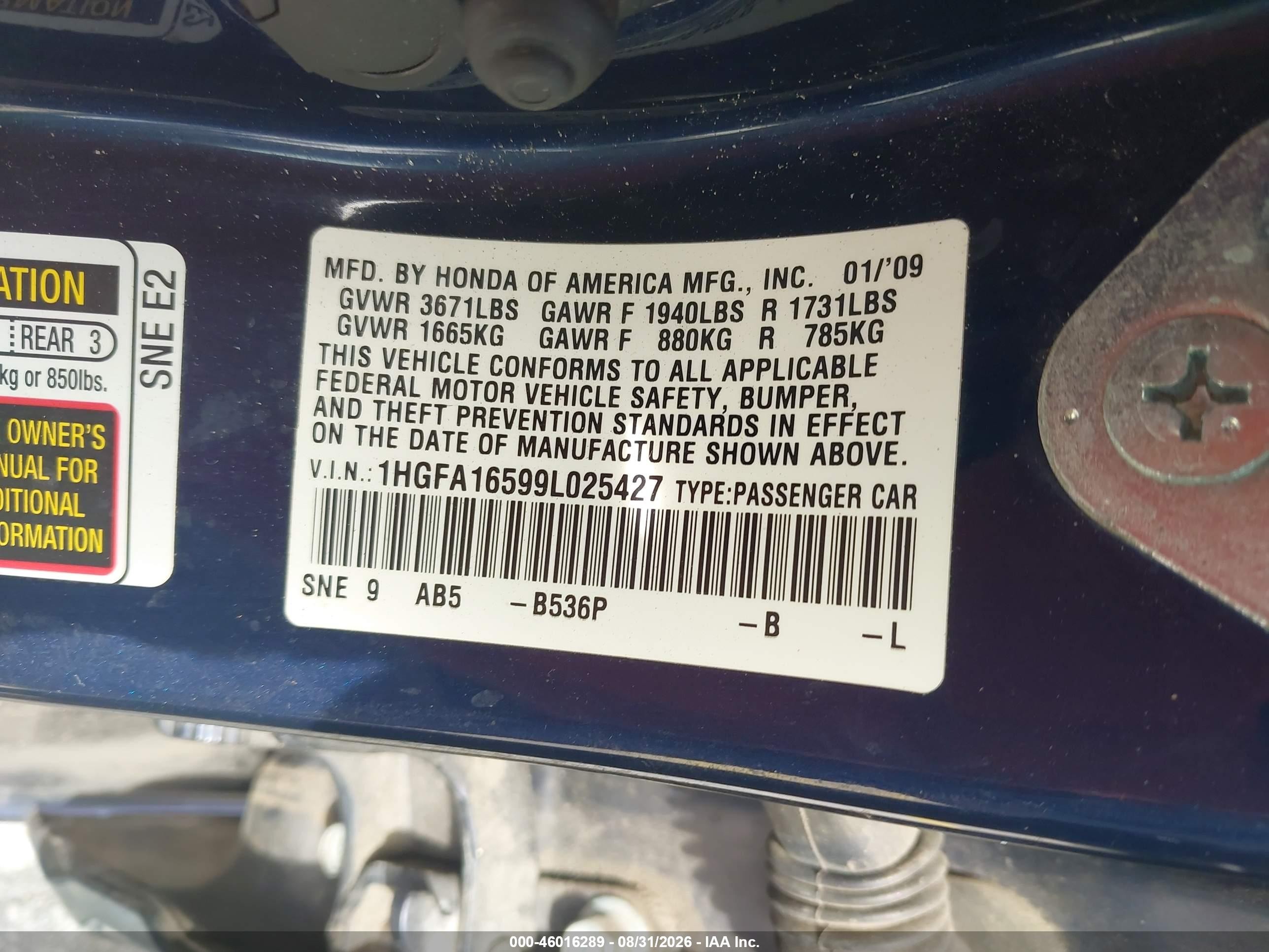 2009 Honda Civic Lx Blue vin: 1HGFA16599L025427