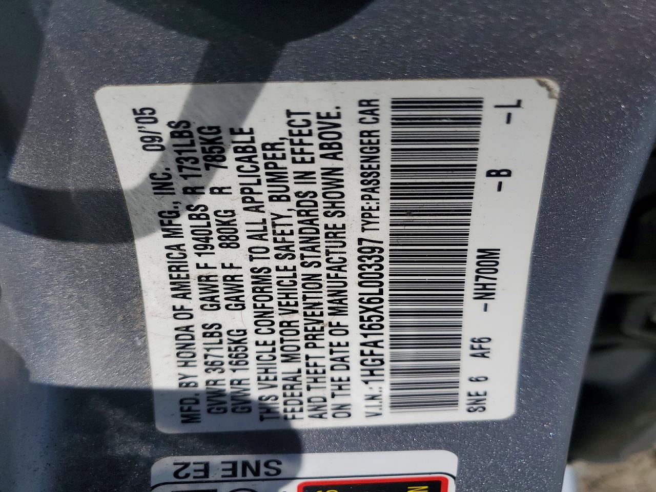 2006 Honda Civic Lx Silver vin: 1HGFA165X6L003397