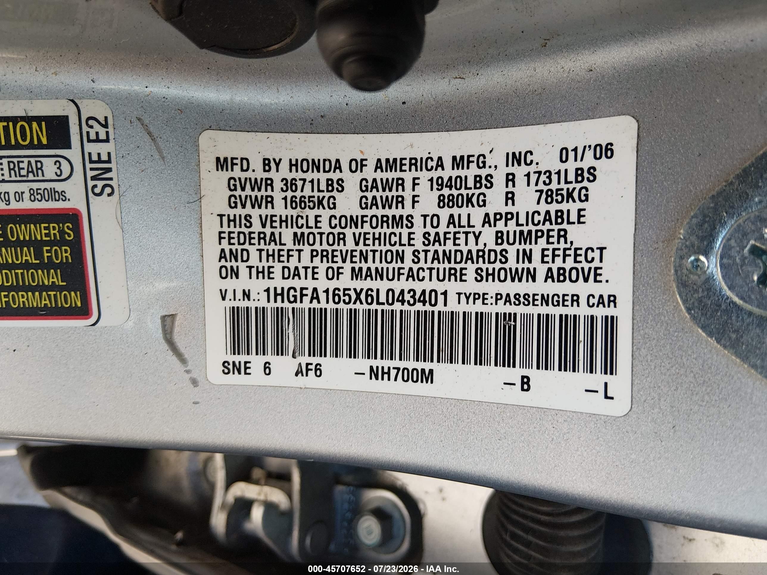 2006 Honda Civic Lx Серебряный vin: 1HGFA165X6L043401