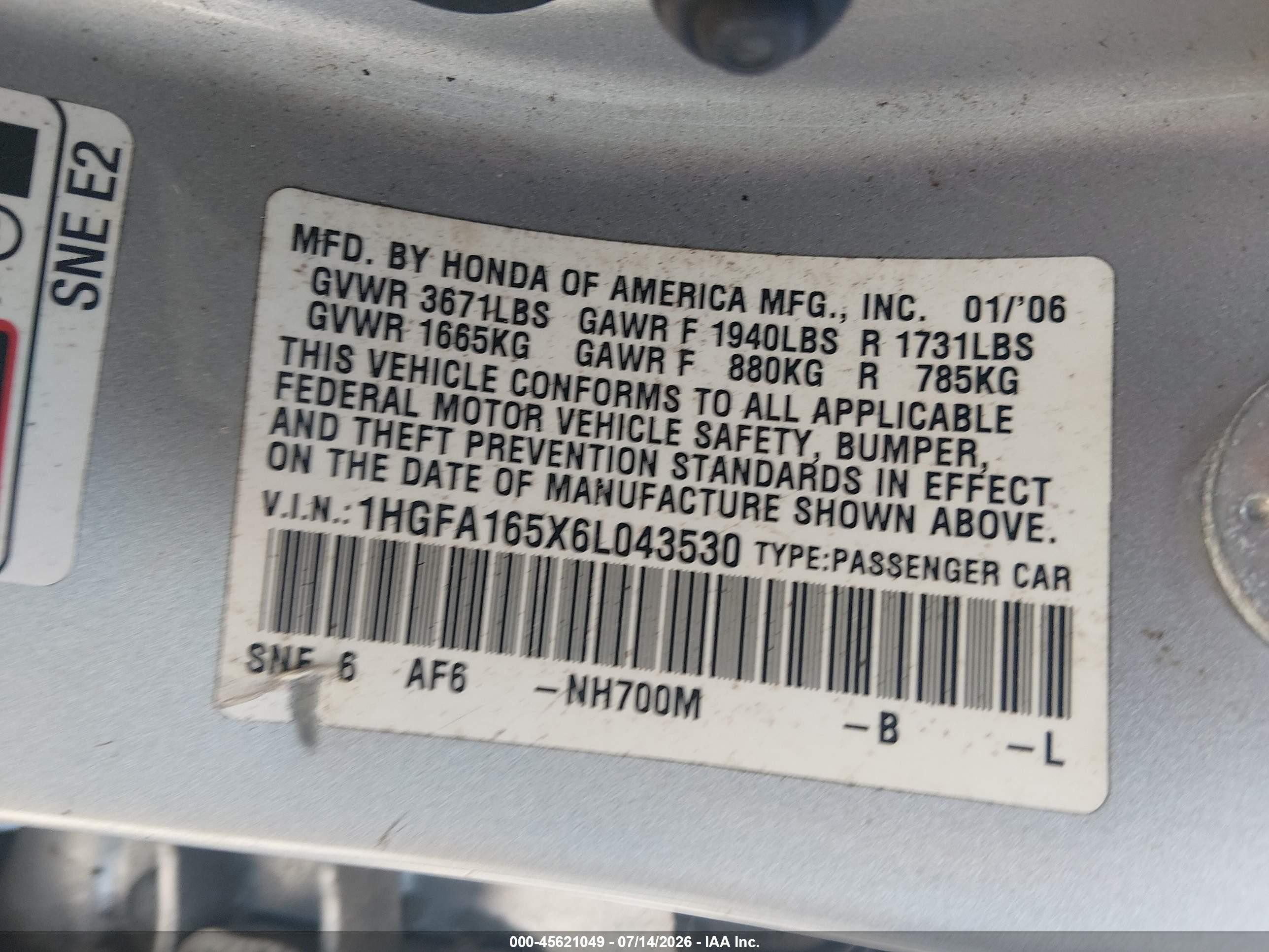 2006 Honda Civic Lx Серебряный vin: 1HGFA165X6L043530