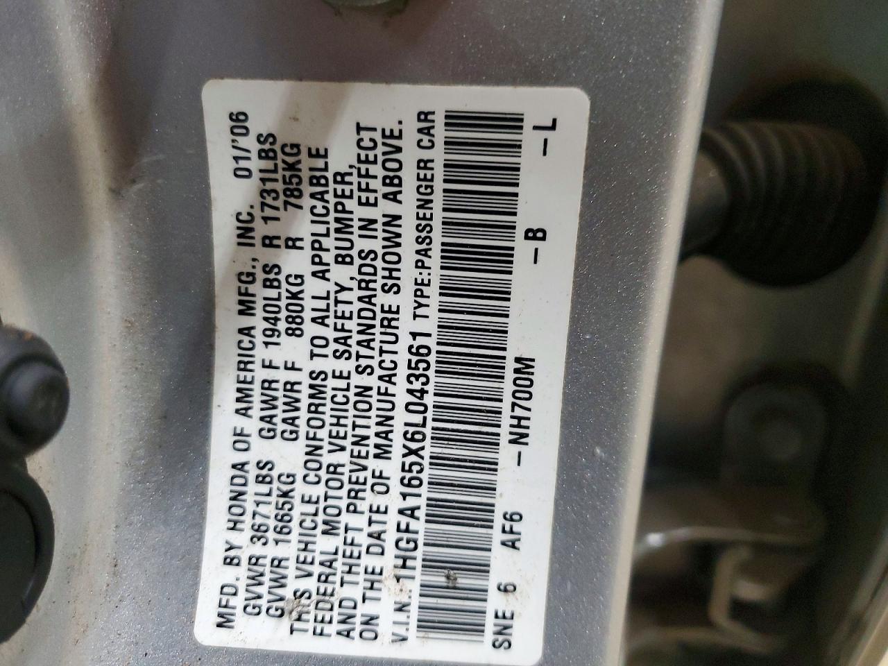 2006 Honda Civic Lx Silver vin: 1HGFA165X6L043561