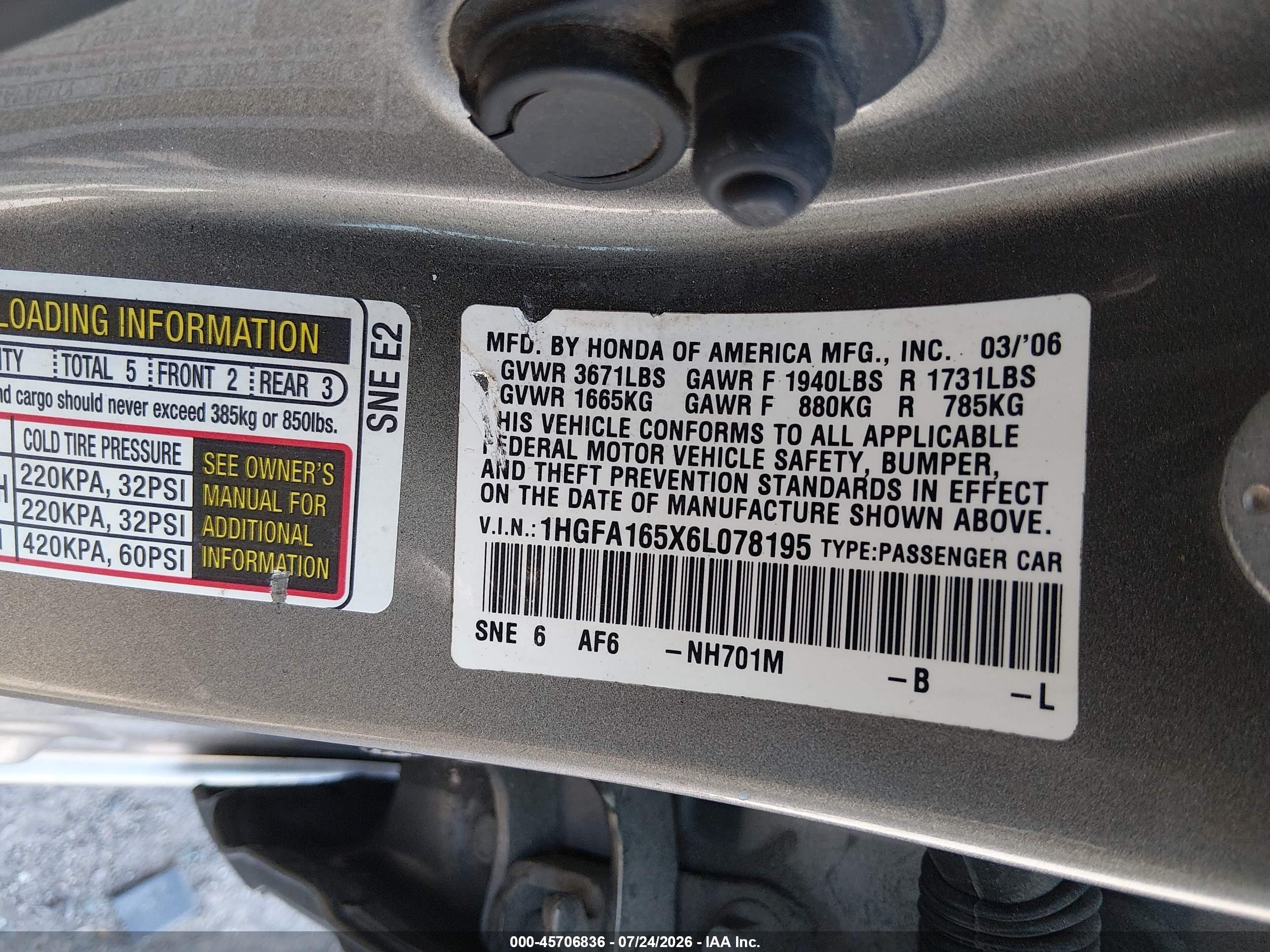 2006 Honda Civic Lx Серый vin: 1HGFA165X6L078195