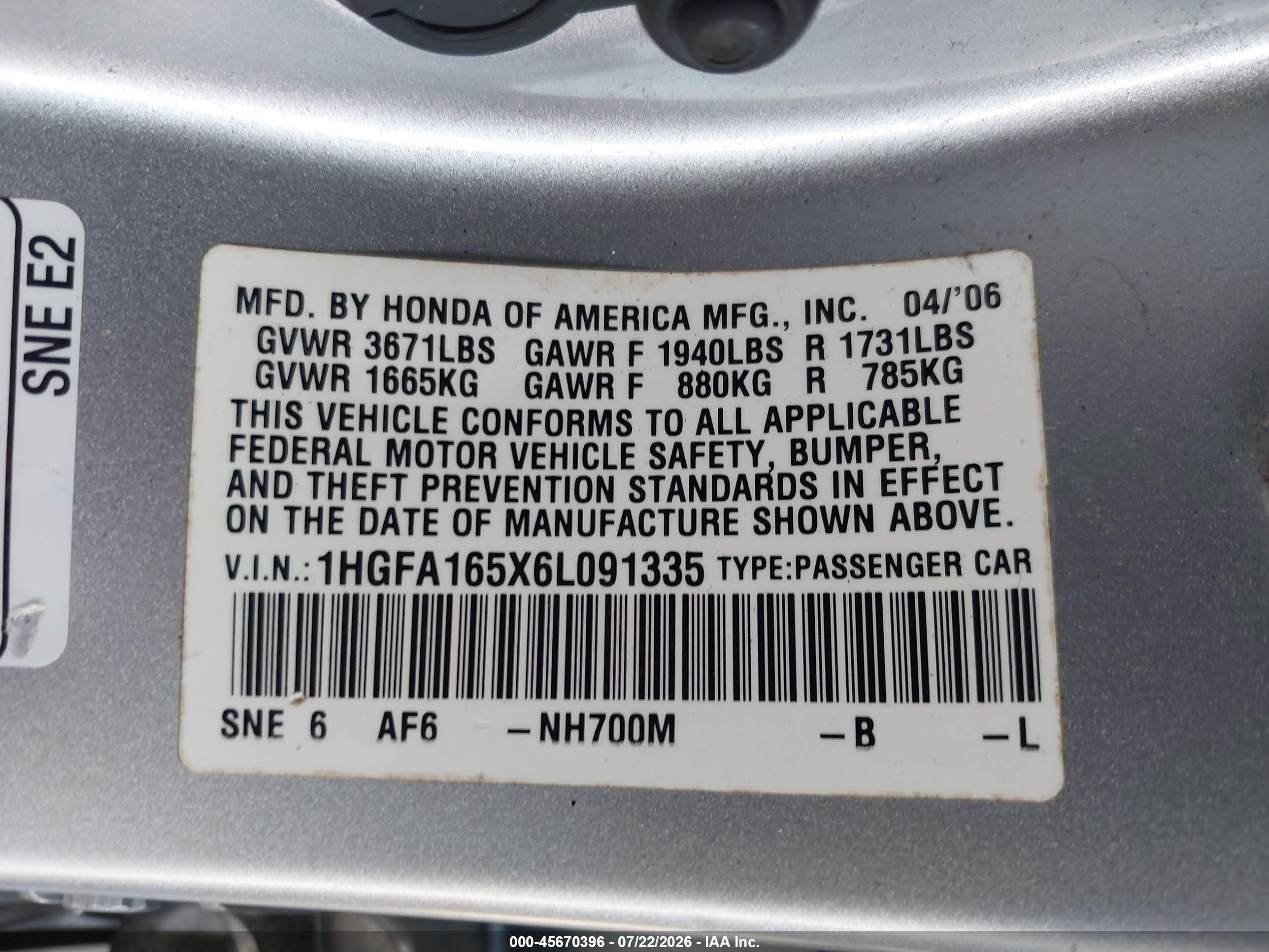 2006 Honda Civic Lx Silver vin: 1HGFA165X6L091335