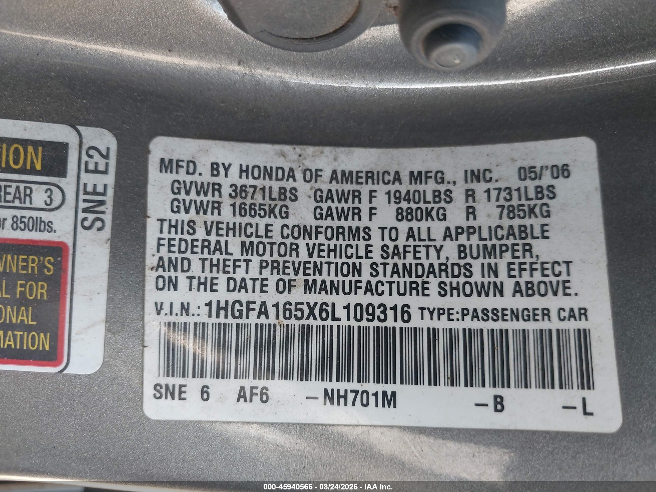 2006 Honda Civic Lx Gray vin: 1HGFA165X6L109316