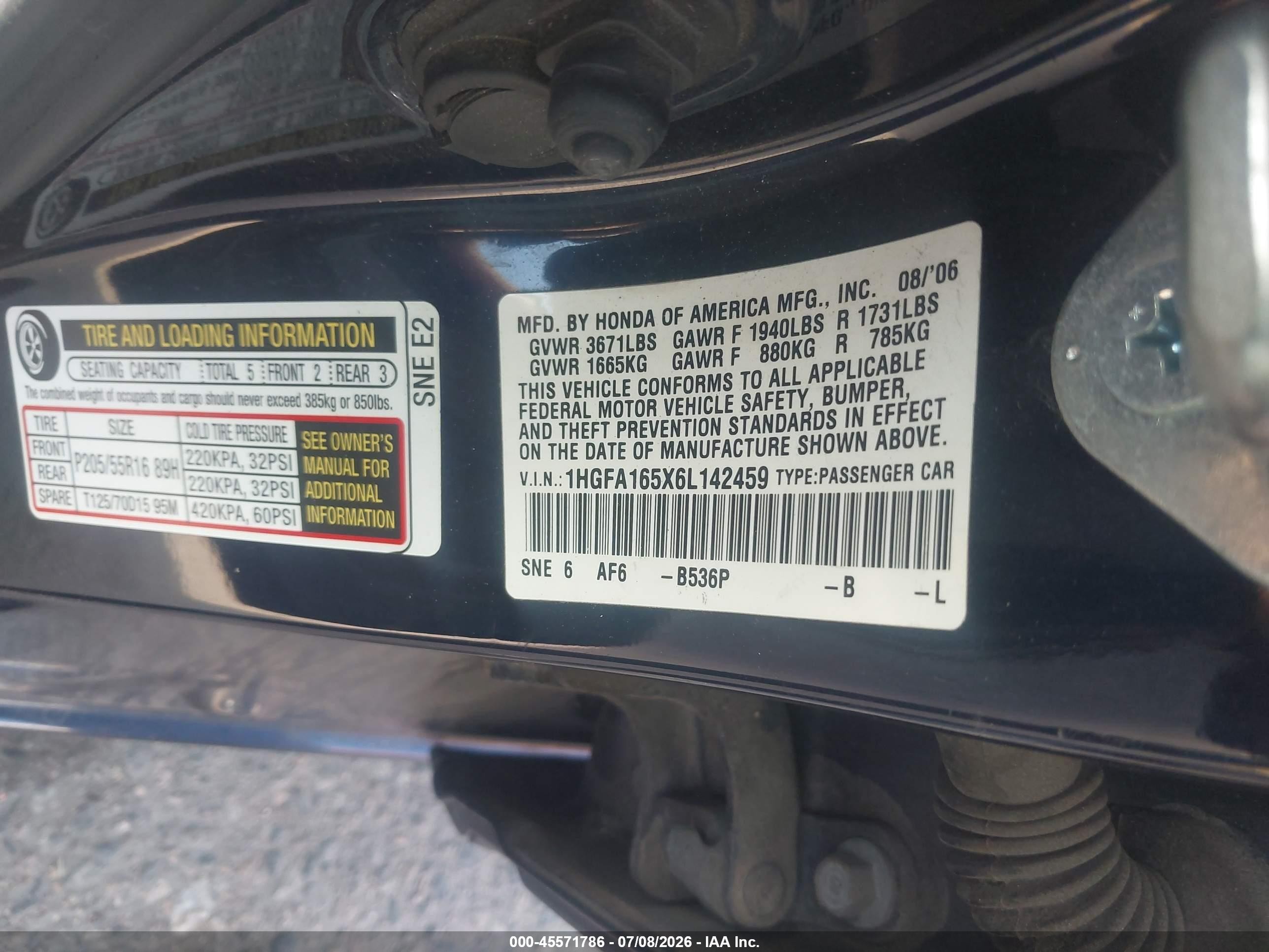 2006 Honda Civic Lx Blue vin: 1HGFA165X6L142459