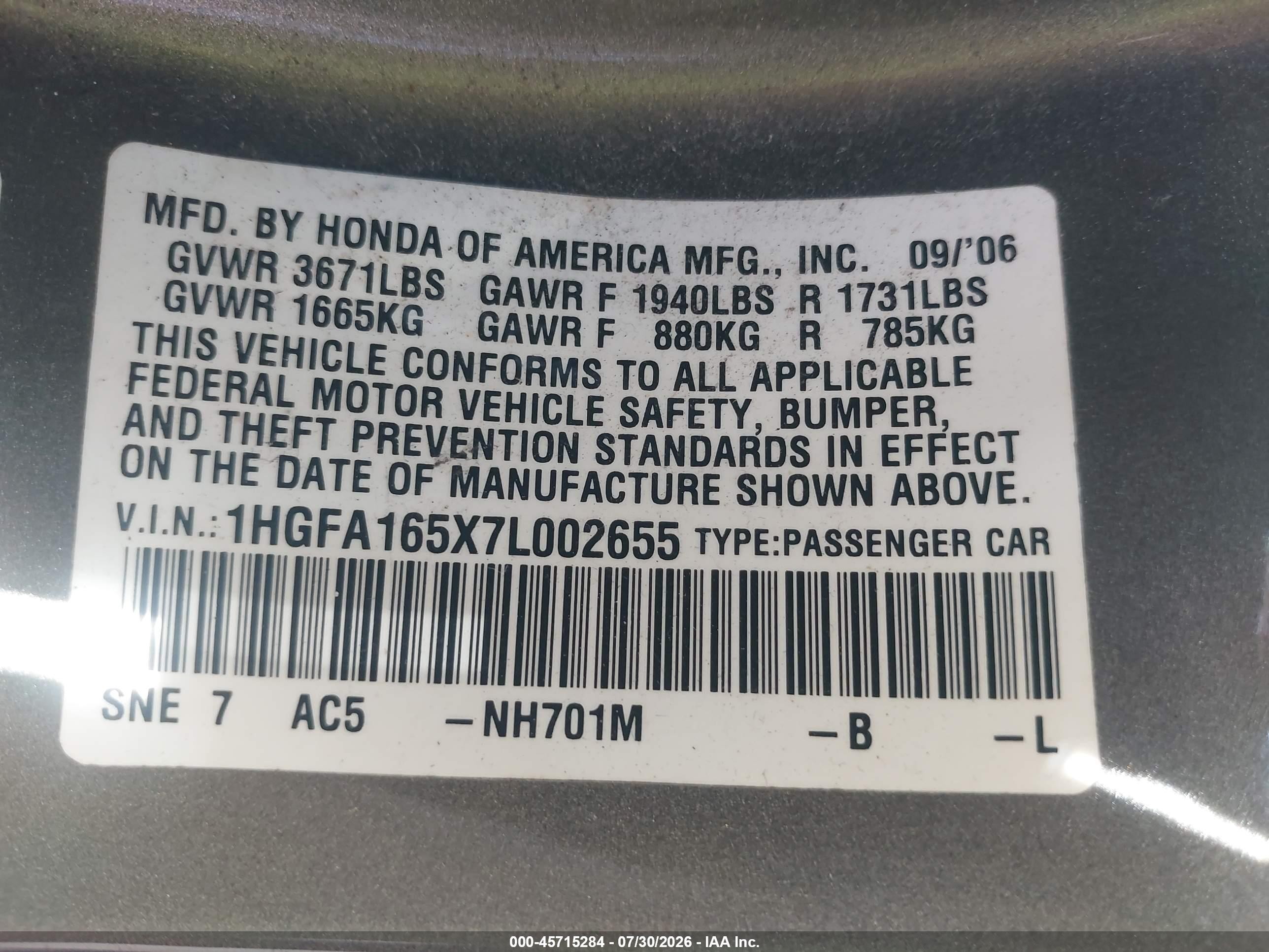 2007 Honda Civic Lx Gray vin: 1HGFA165X7L002655