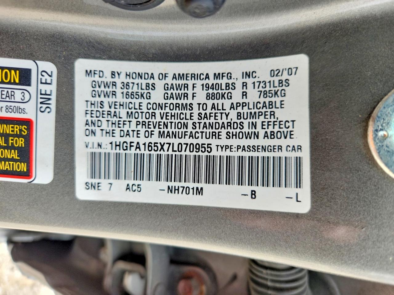 2007 Honda Civic Lx Gray vin: 1HGFA165X7L070955