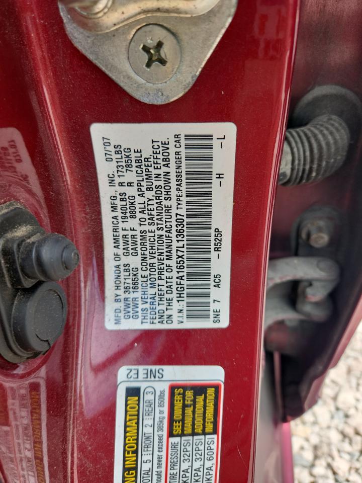 2007 Honda Civic Lx Maroon vin: 1HGFA165X7L136307