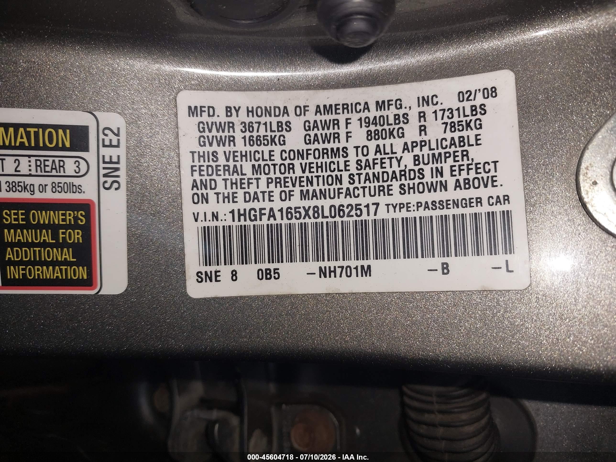 2008 Honda Civic Lx Серый vin: 1HGFA165X8L062517