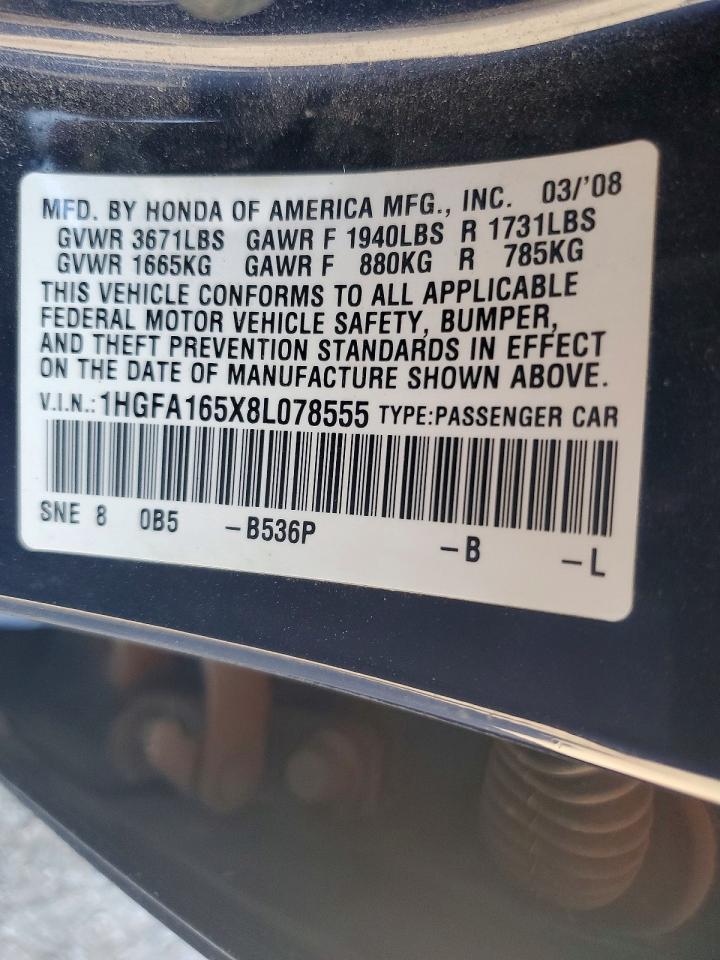 2008 Honda Civic Lx Blue vin: 1HGFA165X8L078555