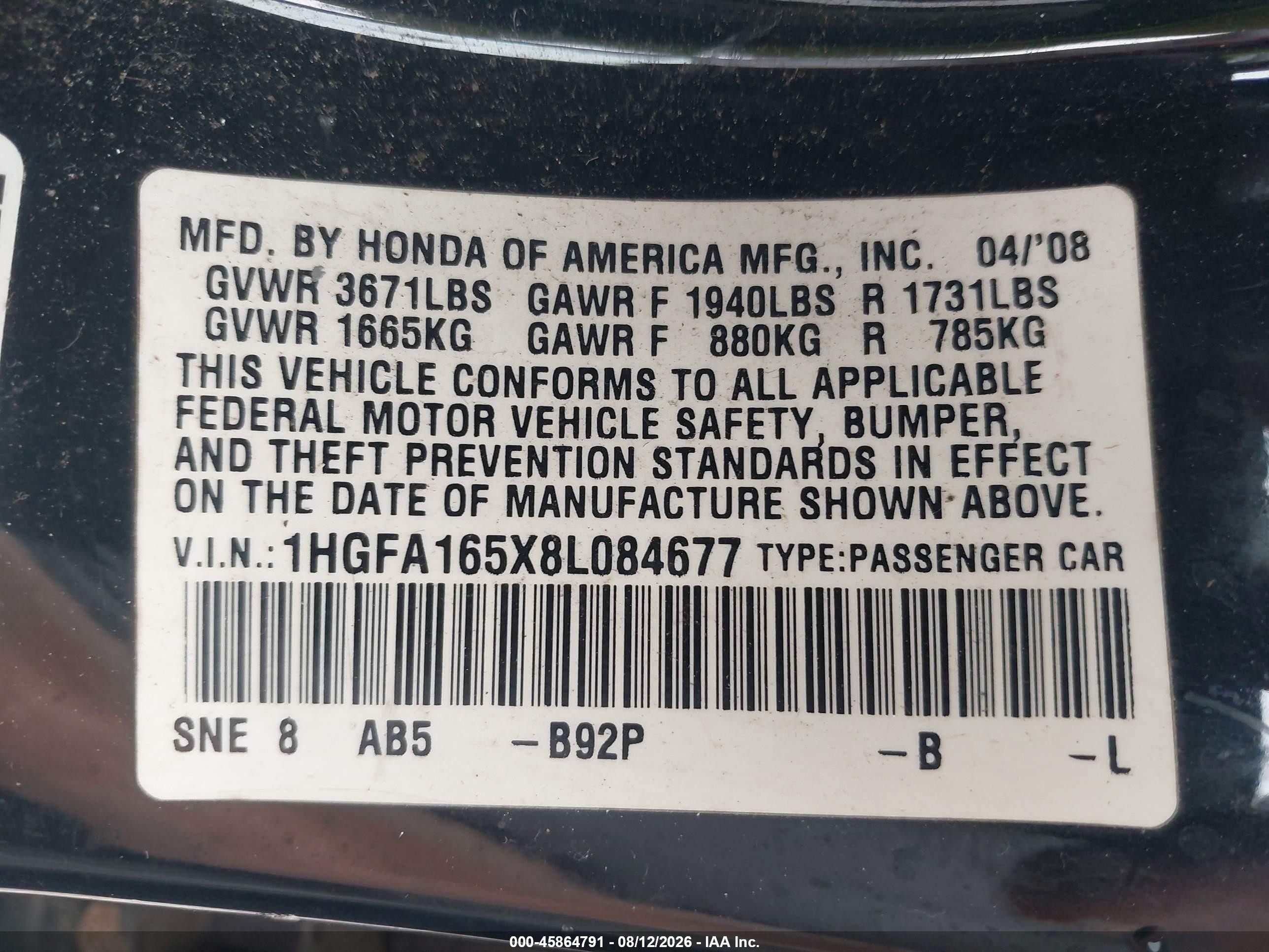 2008 Honda Civic Lx Черный vin: 1HGFA165X8L084677