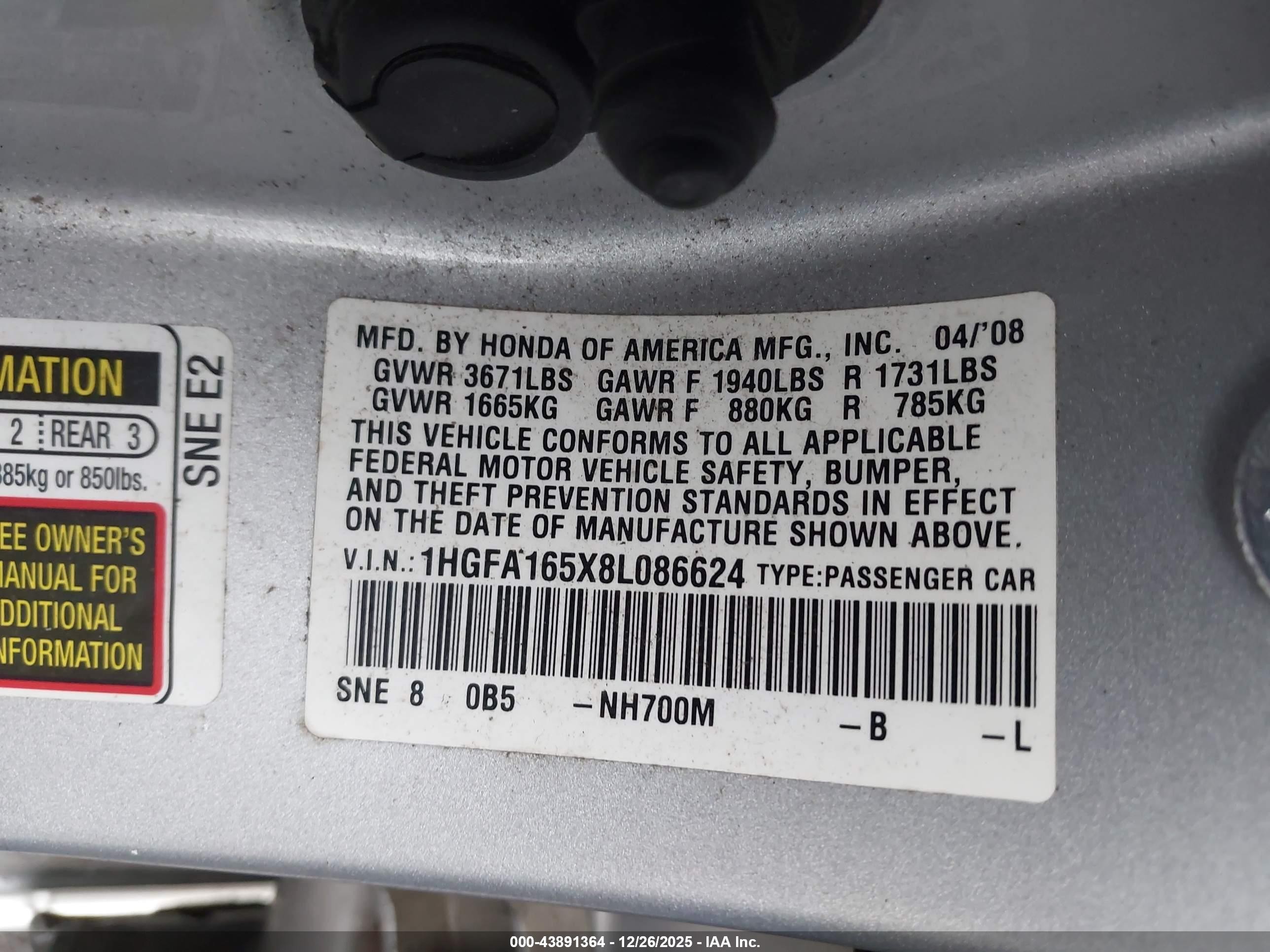 2008 Honda Civic Lx Silver vin: 1HGFA165X8L086624