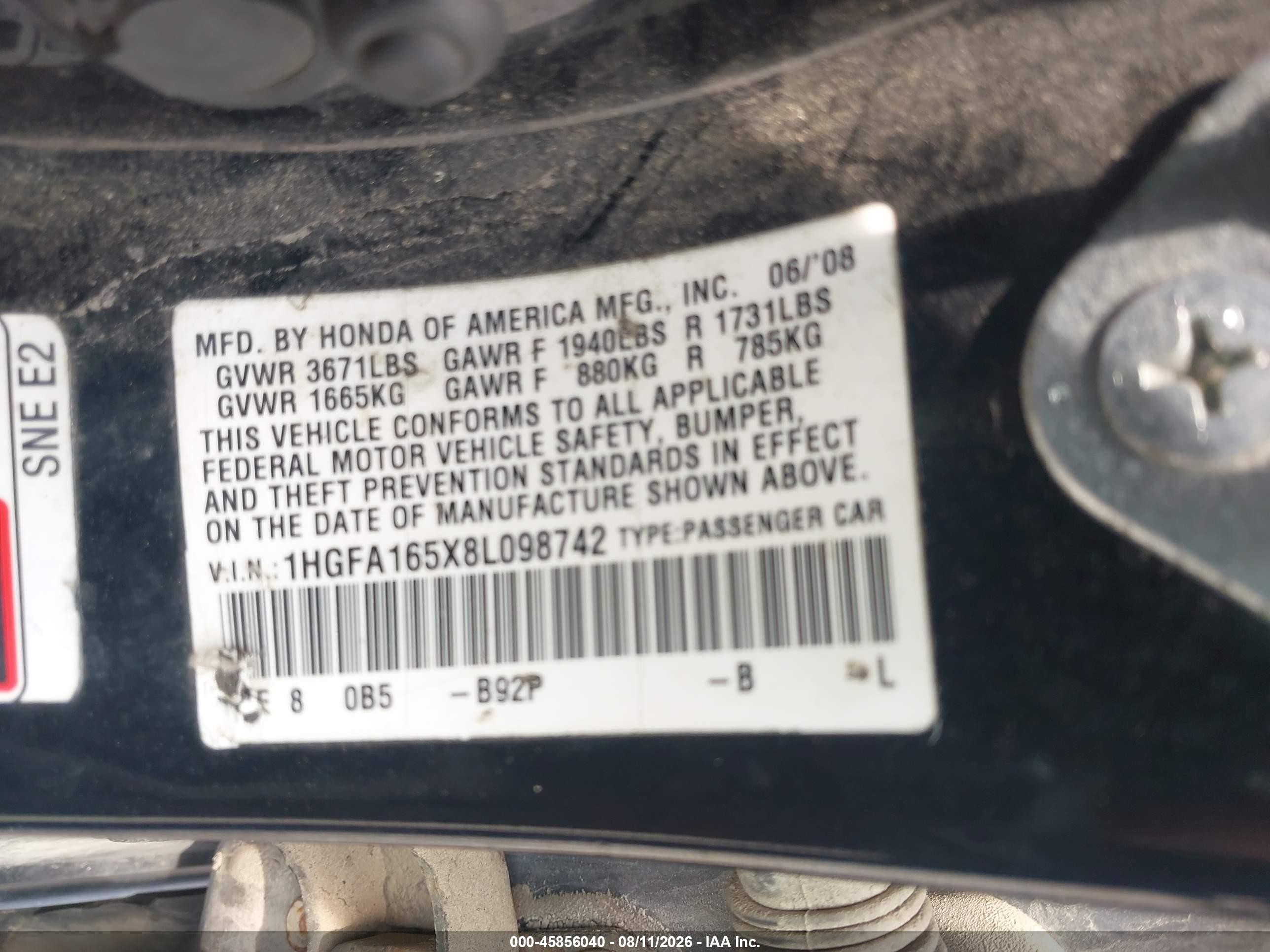 2008 Honda Civic Lx Black vin: 1HGFA165X8L098742
