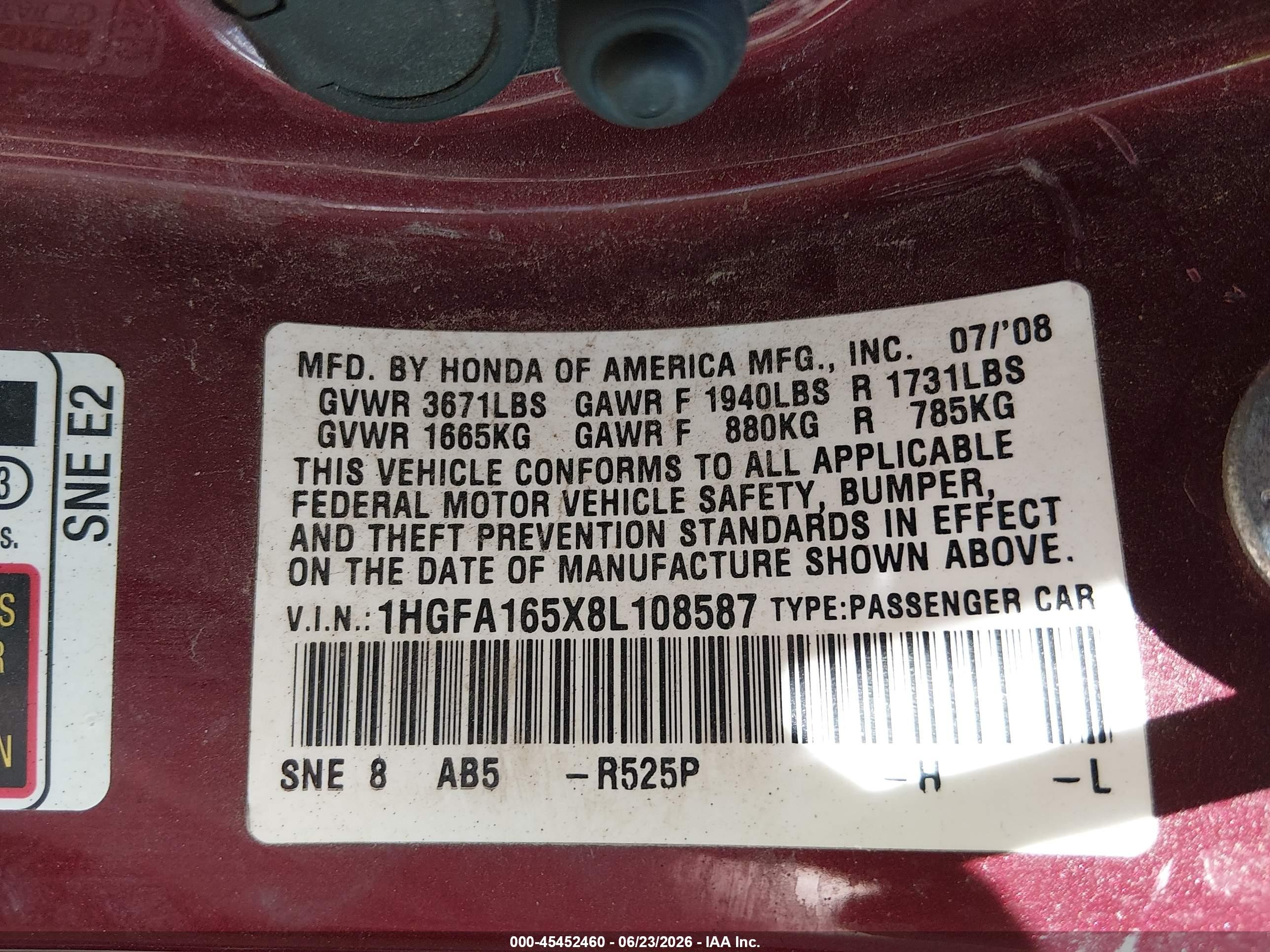2008 Honda Civic Lx Burgundy vin: 1HGFA165X8L108587