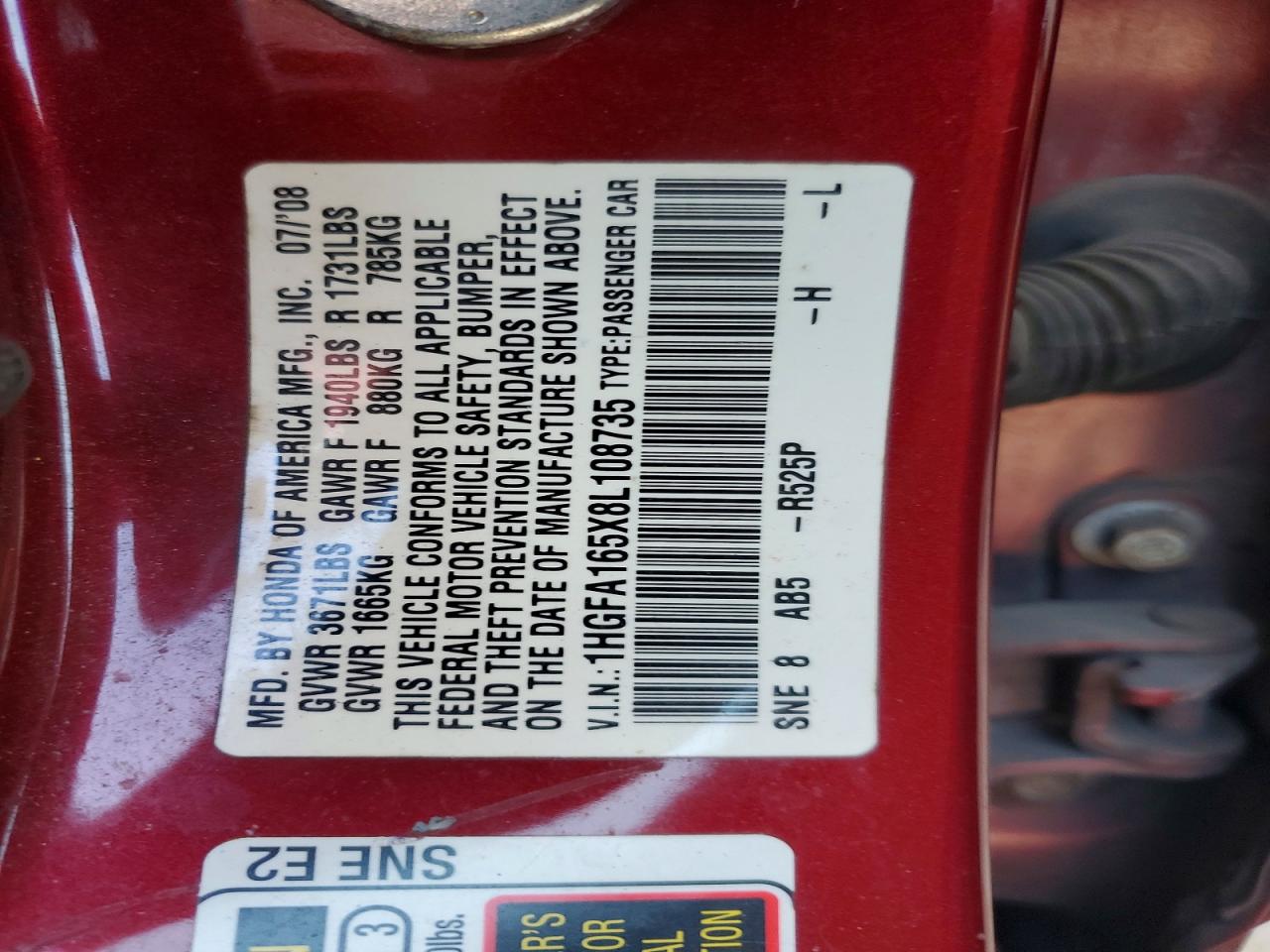 2008 Honda Civic Lx Maroon vin: 1HGFA165X8L108735