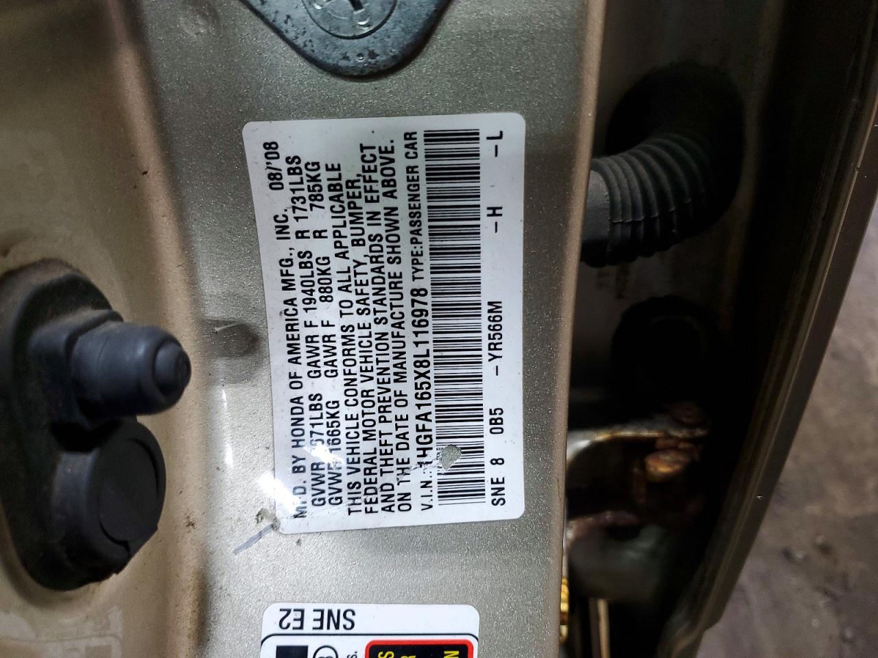 2008 Honda Civic Lx Tan vin: 1HGFA165X8L116978