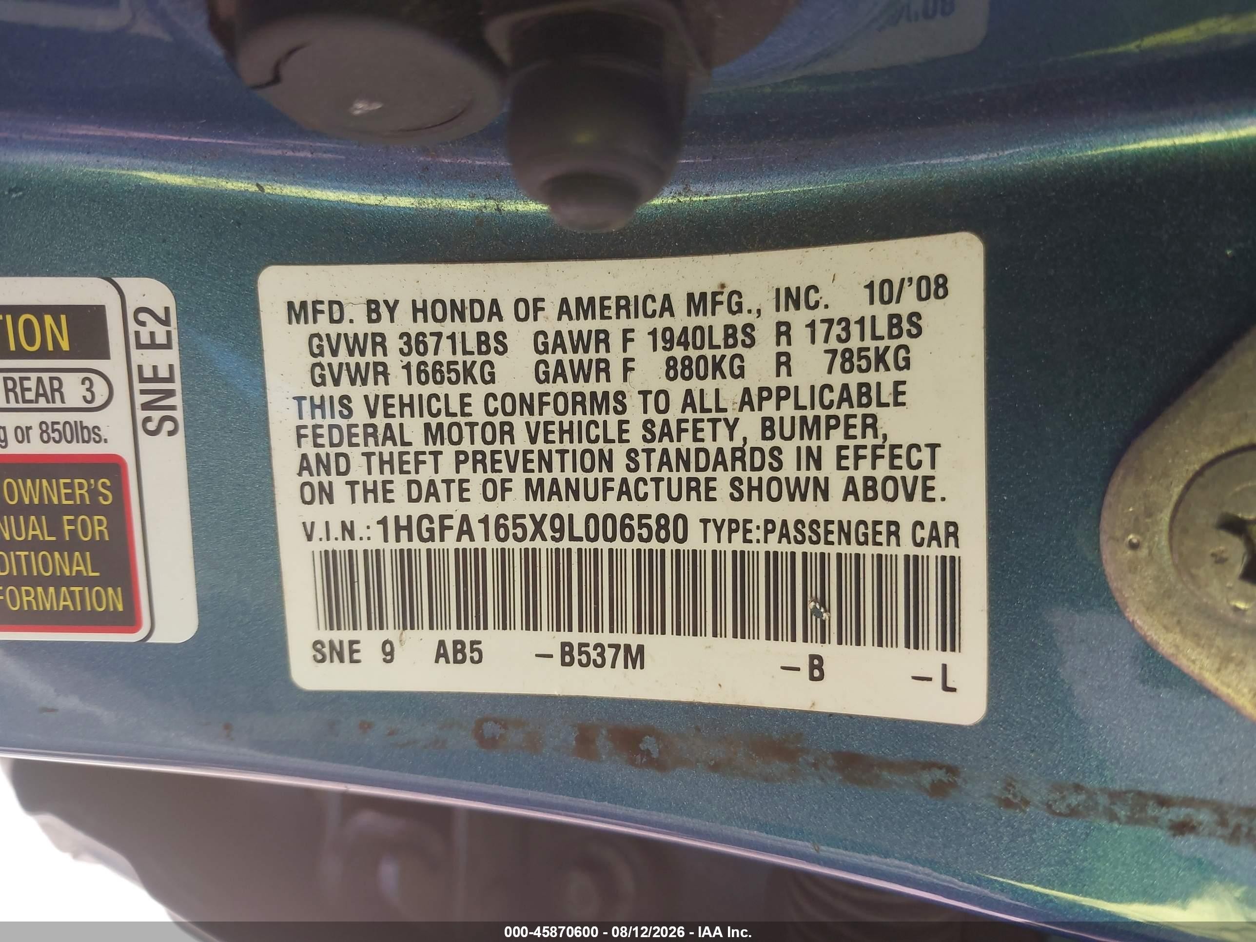 2009 Honda Civic Lx Blue vin: 1HGFA165X9L006580