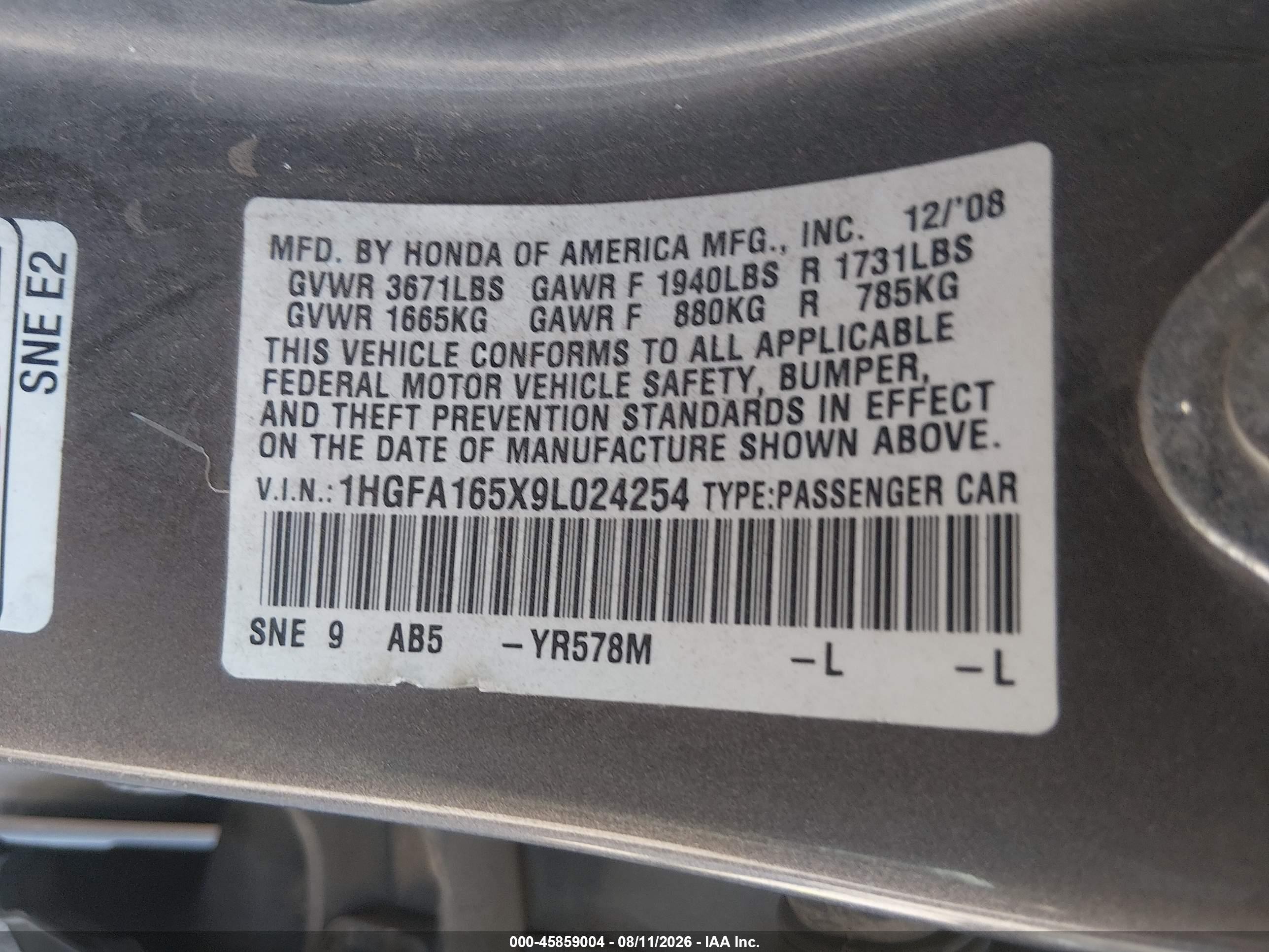 2009 Honda Civic Lx Gray vin: 1HGFA165X9L024254