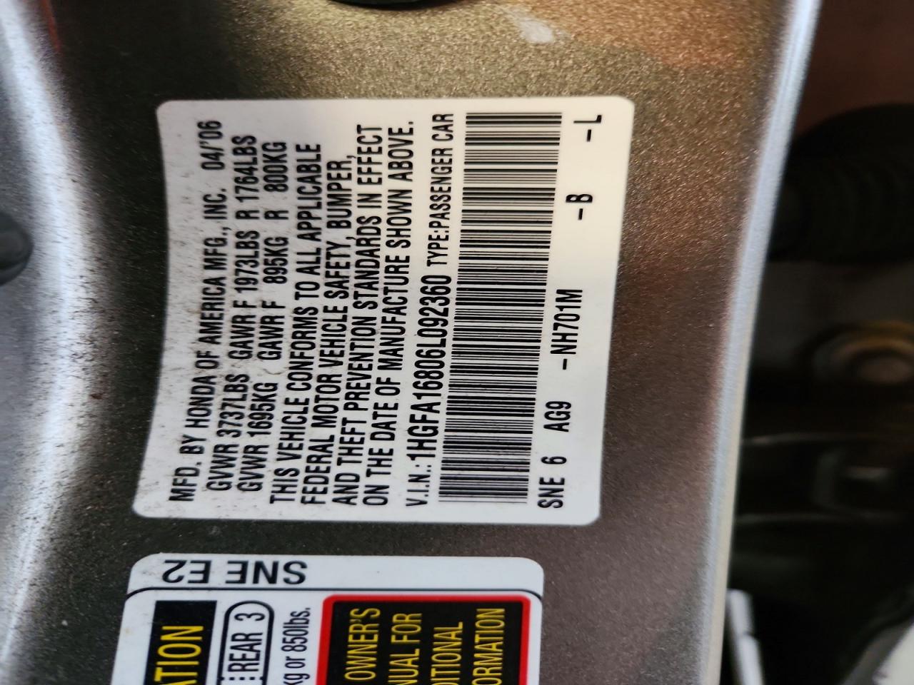 2006 Honda Civic Ex Gray vin: 1HGFA16806L092360