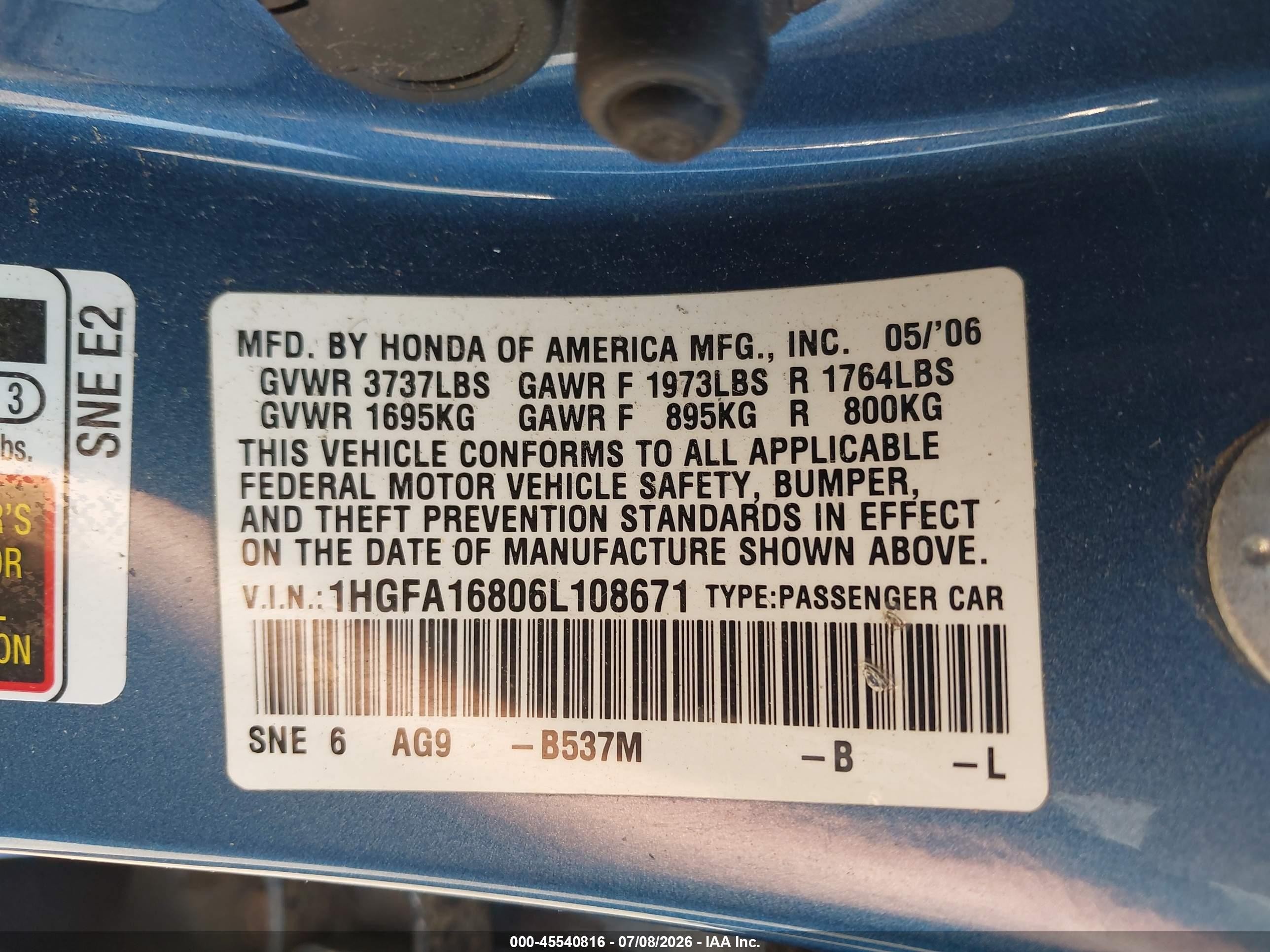 2006 Honda Civic Ex Blue vin: 1HGFA16806L108671