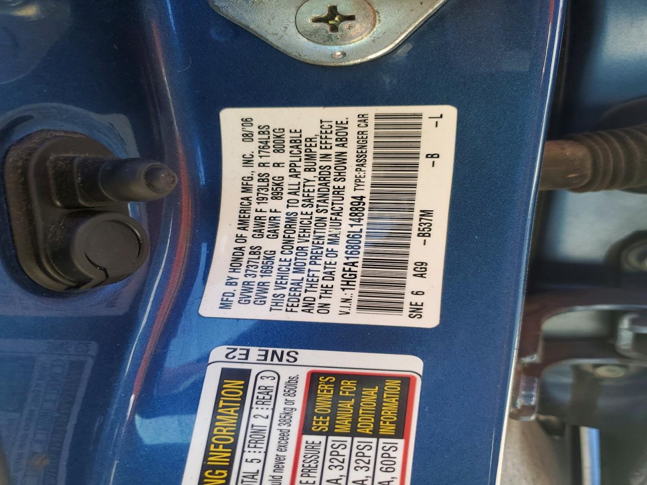 2006 Honda Civic Ex Blue vin: 1HGFA16806L148894