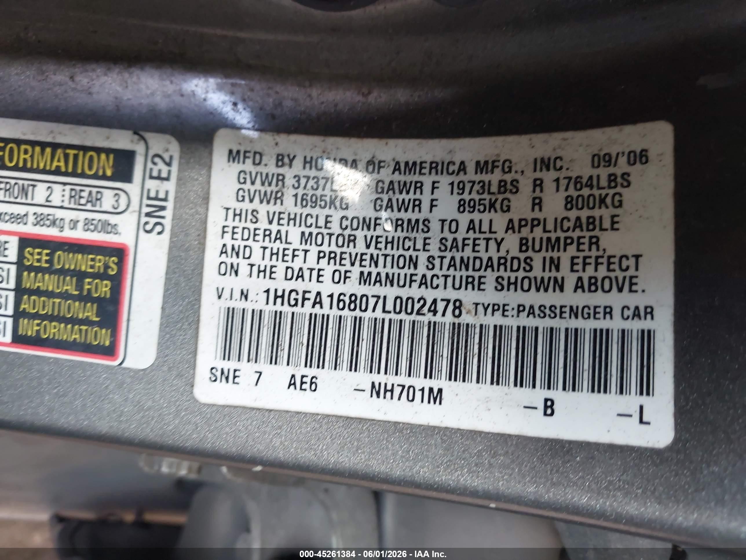 2007 Honda Civic Ex Beige vin: 1HGFA16807L002478