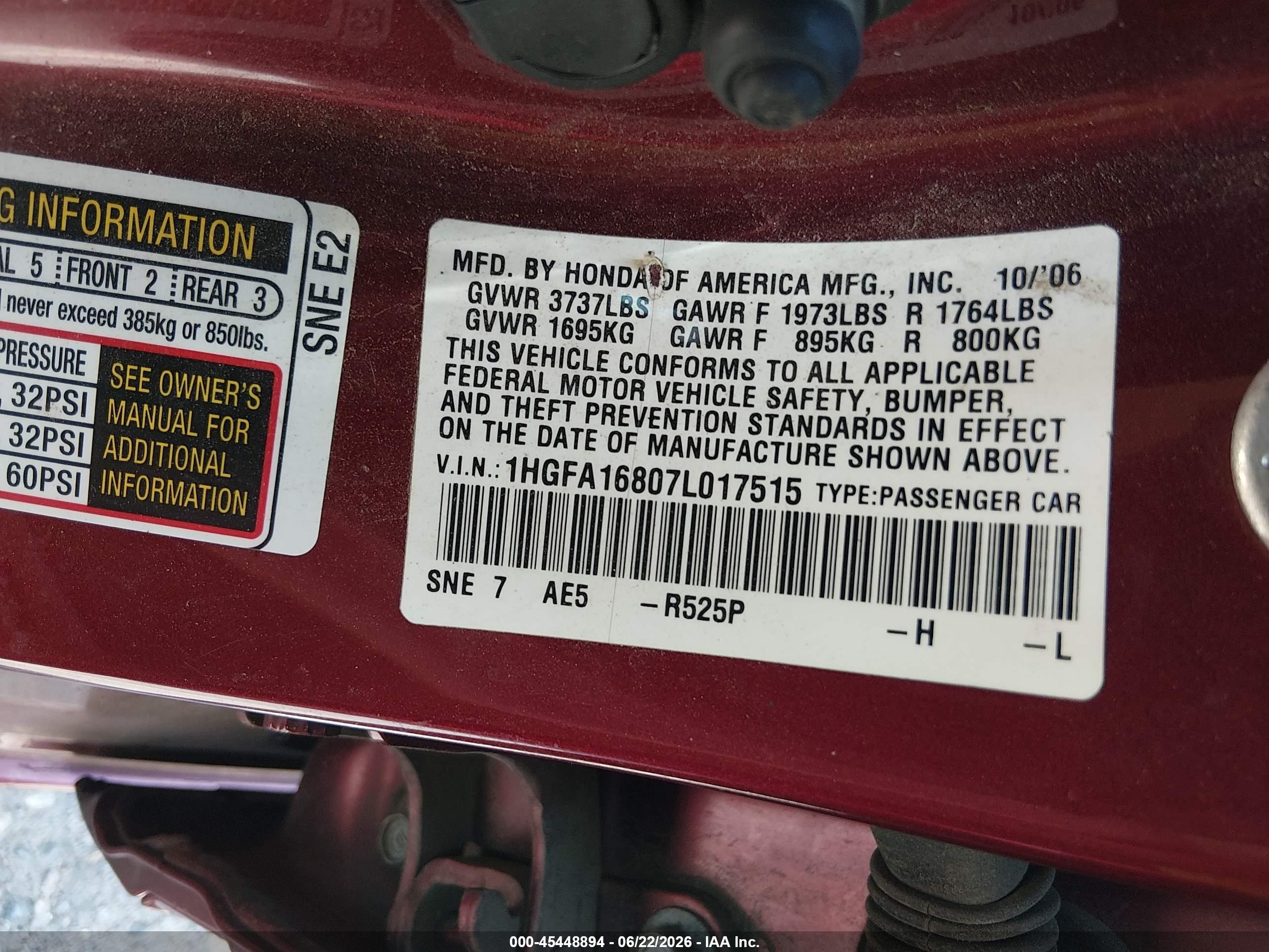 2007 Honda Civic Ex Бордовый vin: 1HGFA16807L017515