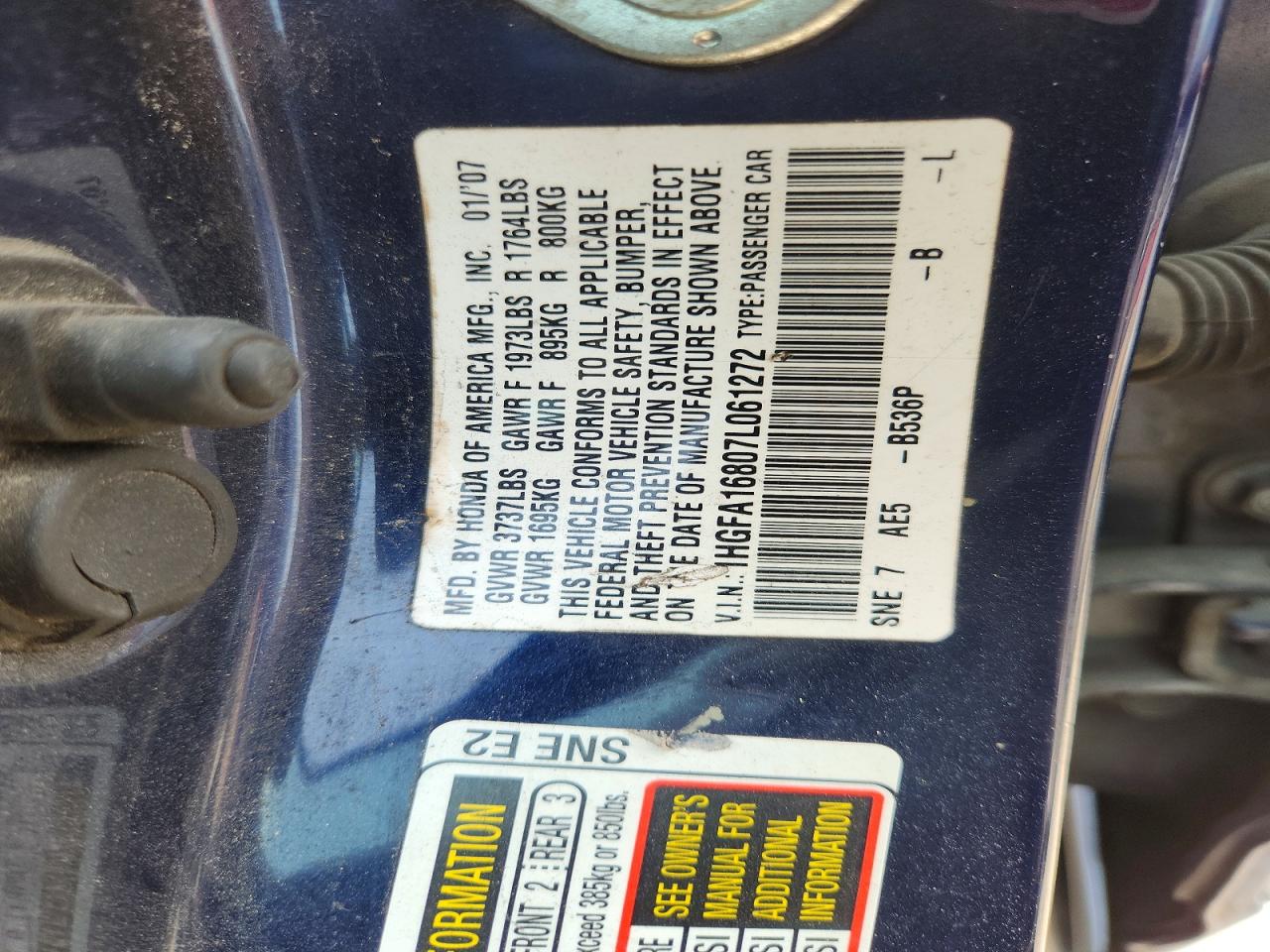 2007 Honda Civic Ex Blue vin: 1HGFA16807L061272