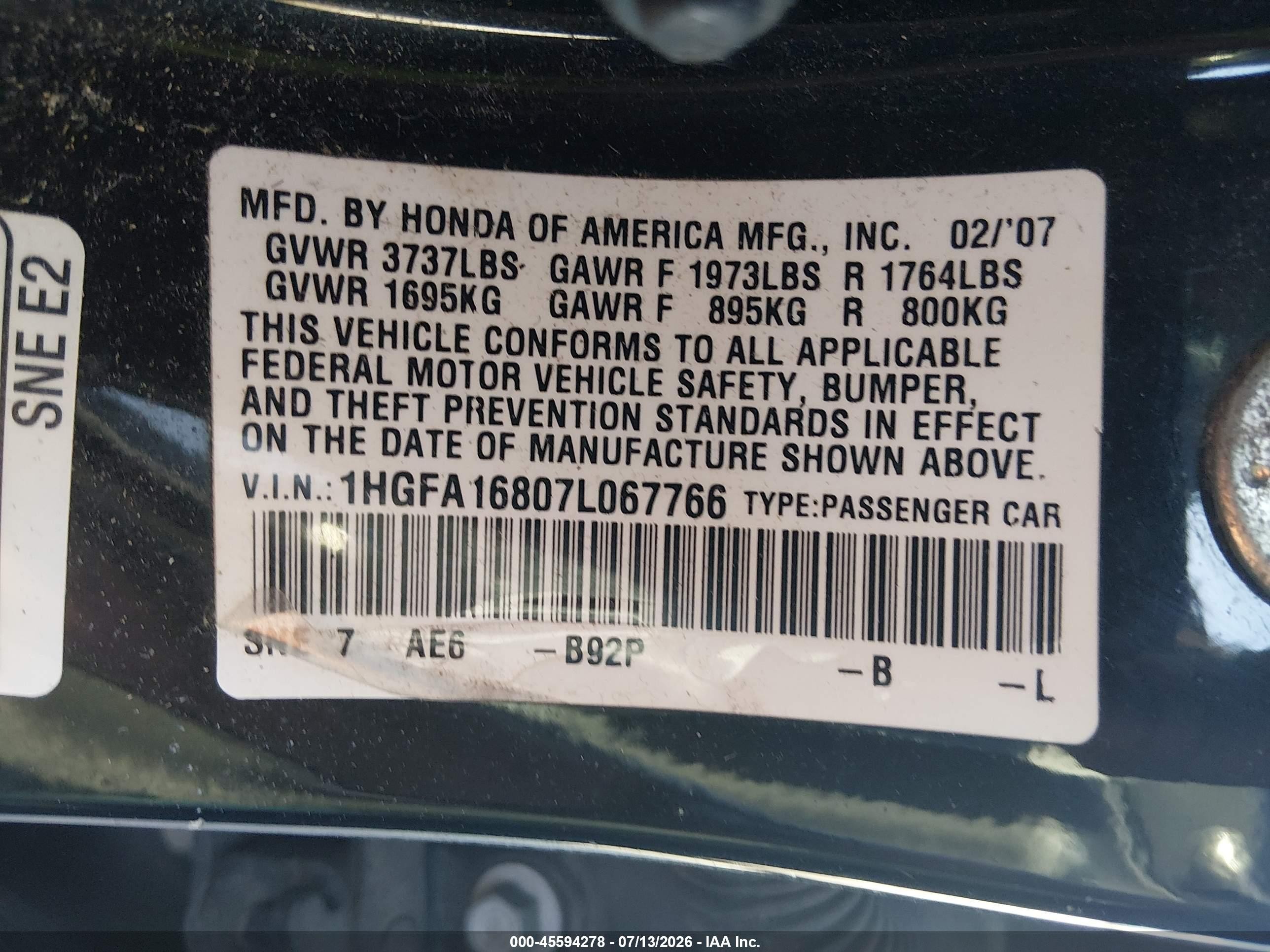 2007 Honda Civic Ex Black vin: 1HGFA16807L067766