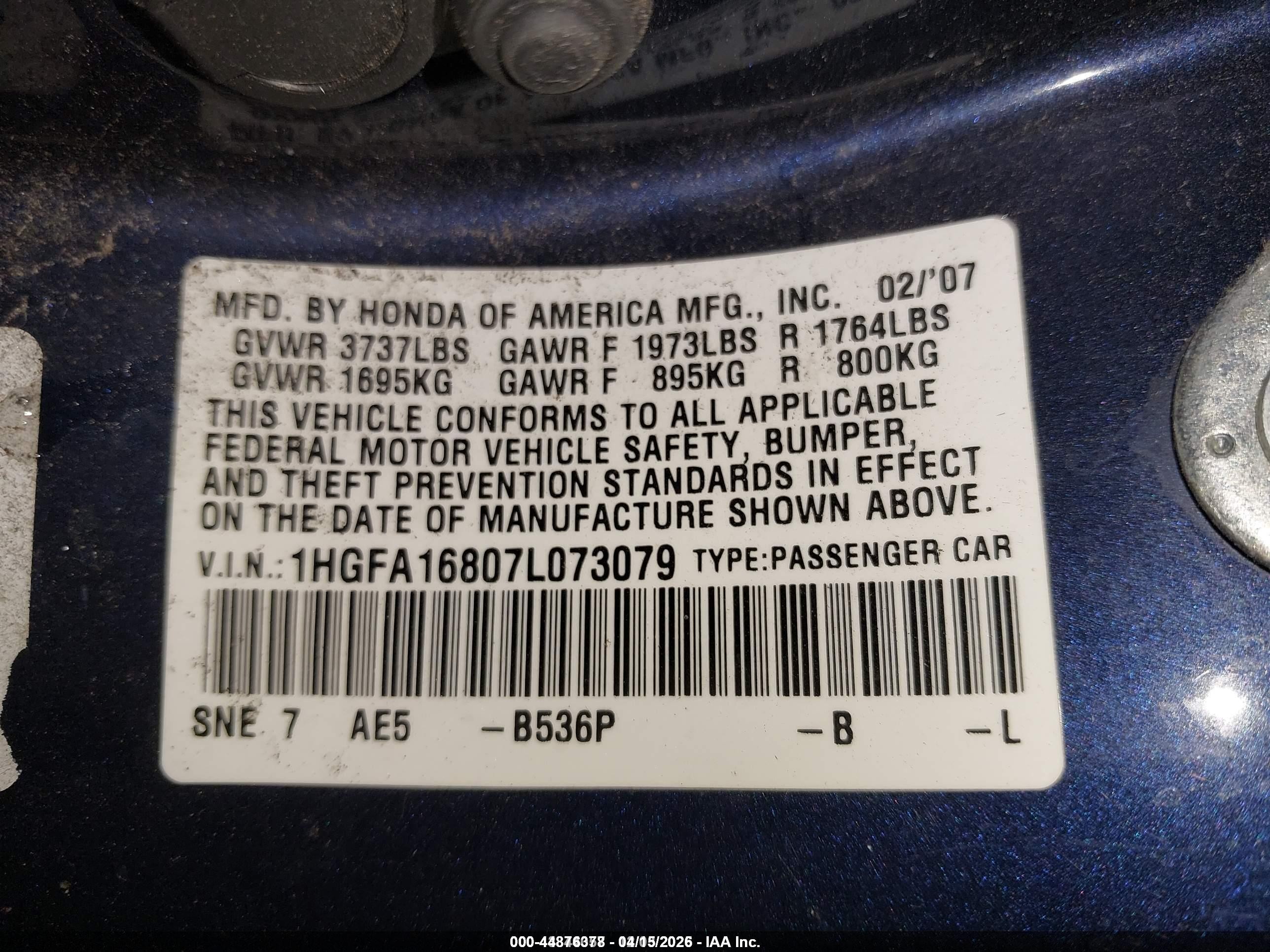 2007 Honda Civic Ex Blue vin: 1HGFA16807L073079