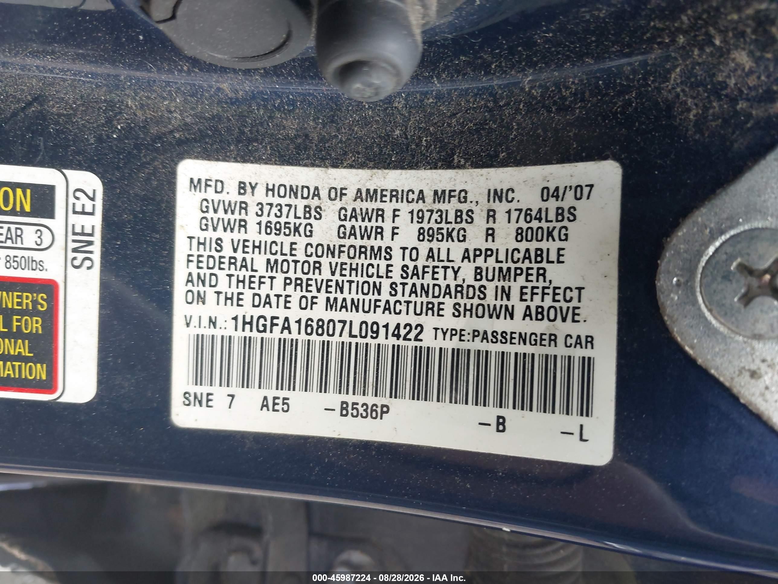 2007 Honda Civic Ex Blue vin: 1HGFA16807L091422