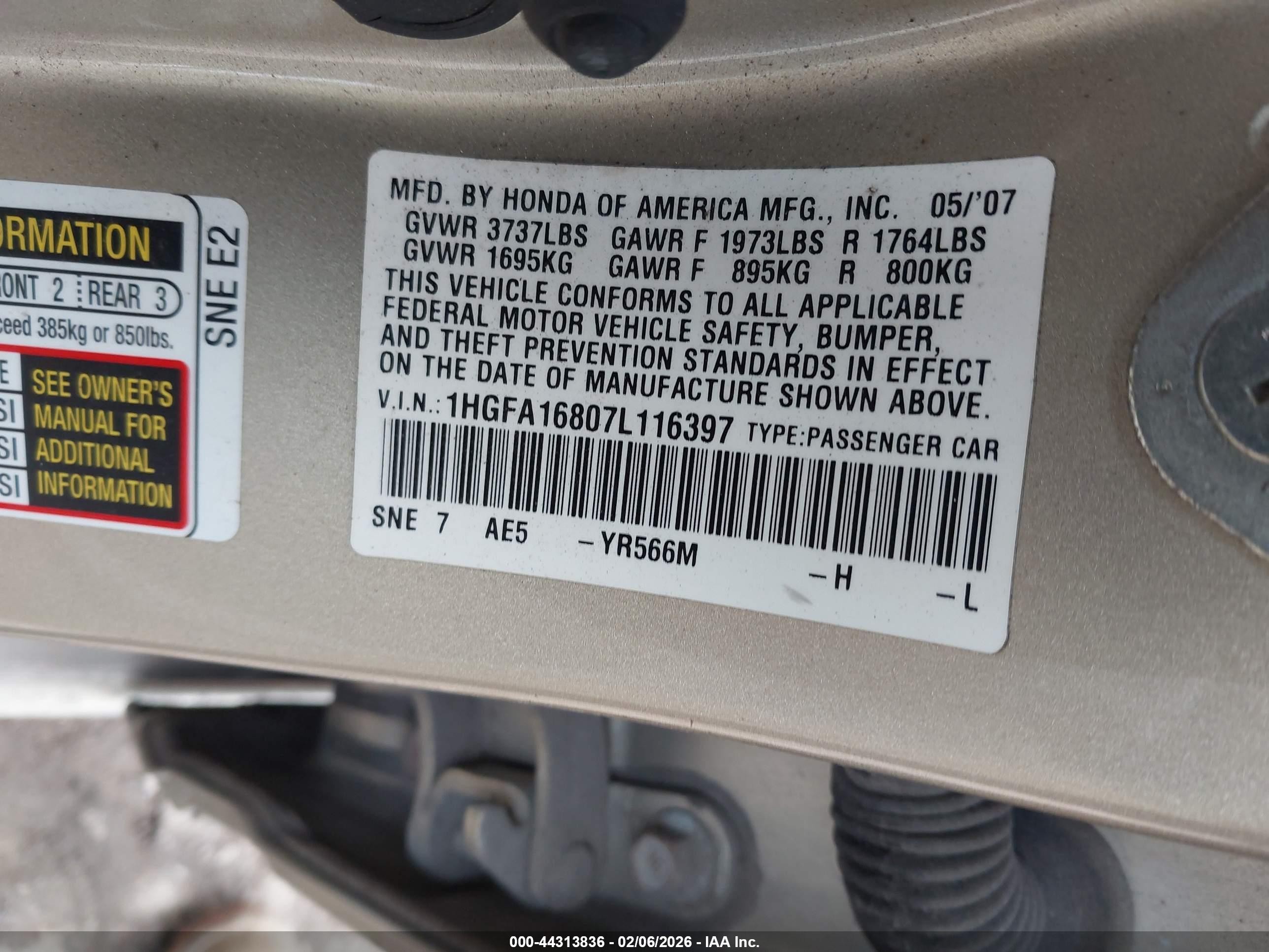 2007 Honda Civic Ex Gold vin: 1HGFA16807L116397
