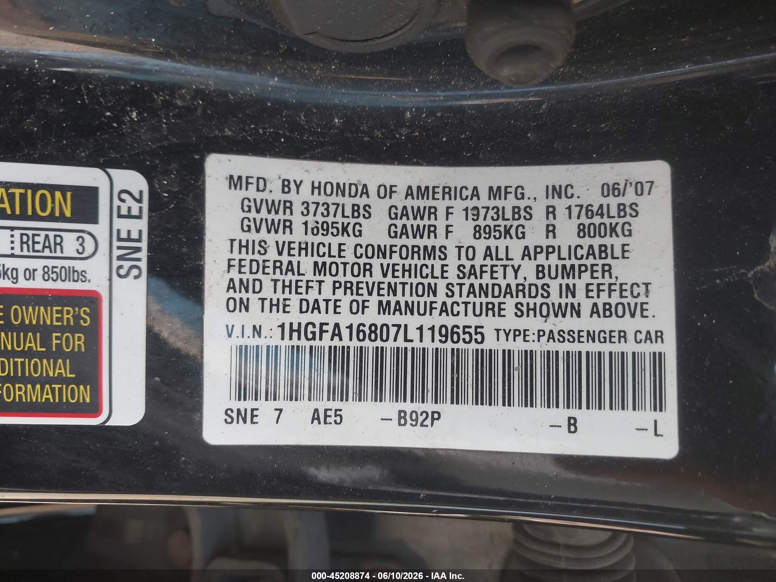 2007 Honda Civic Ex Black vin: 1HGFA16807L119655