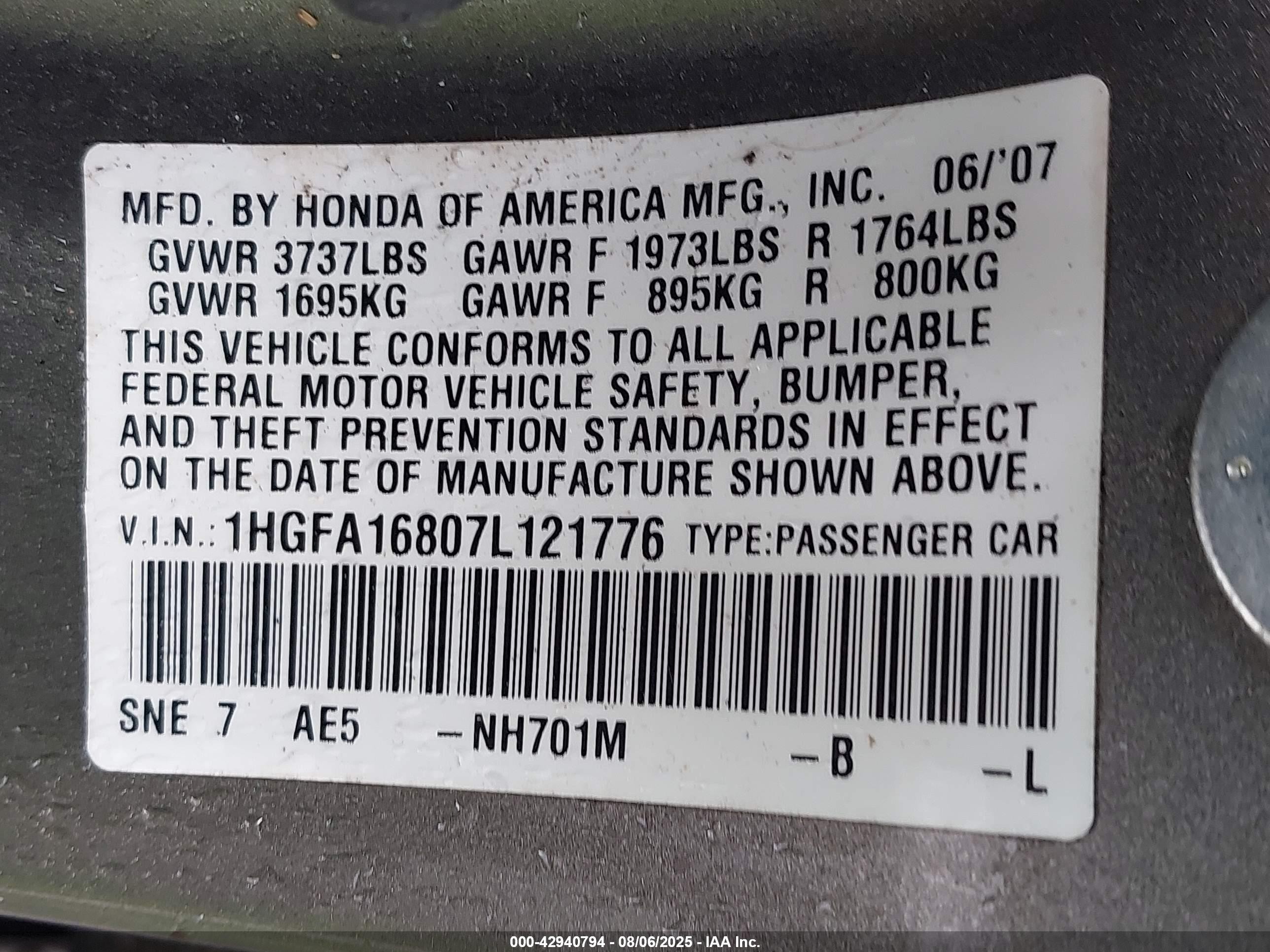 2007 Honda Civic Ex Tan vin: 1HGFA16807L121776