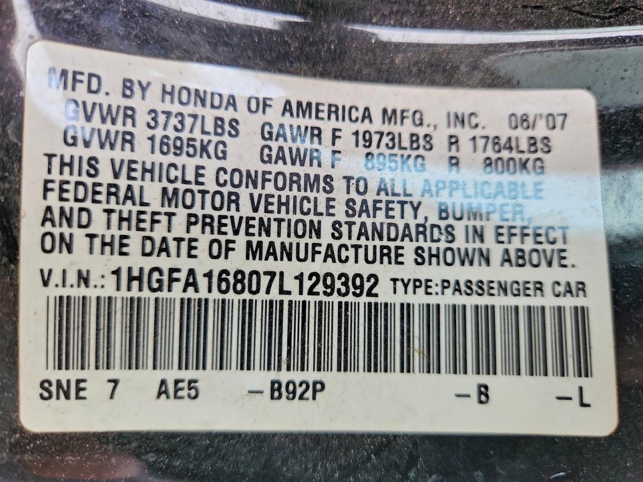 2007 Honda Civic Ex Blue vin: 1HGFA16807L129392