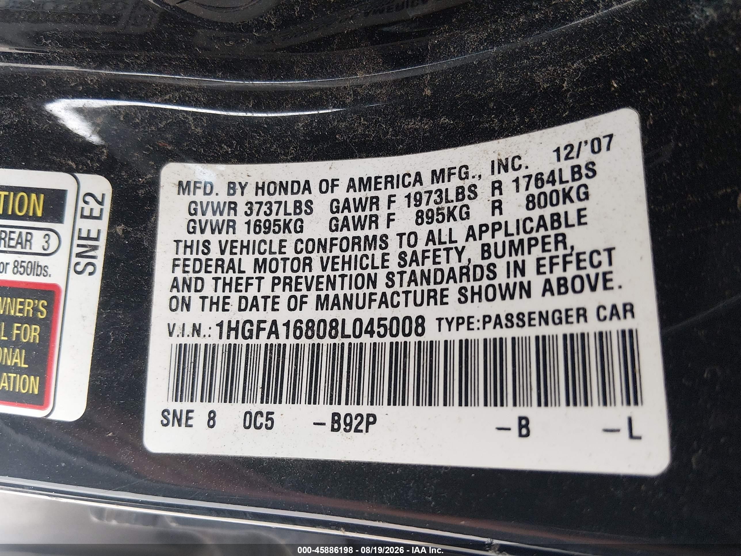 2008 Honda Civic Ex Dark Blue vin: 1HGFA16808L045008